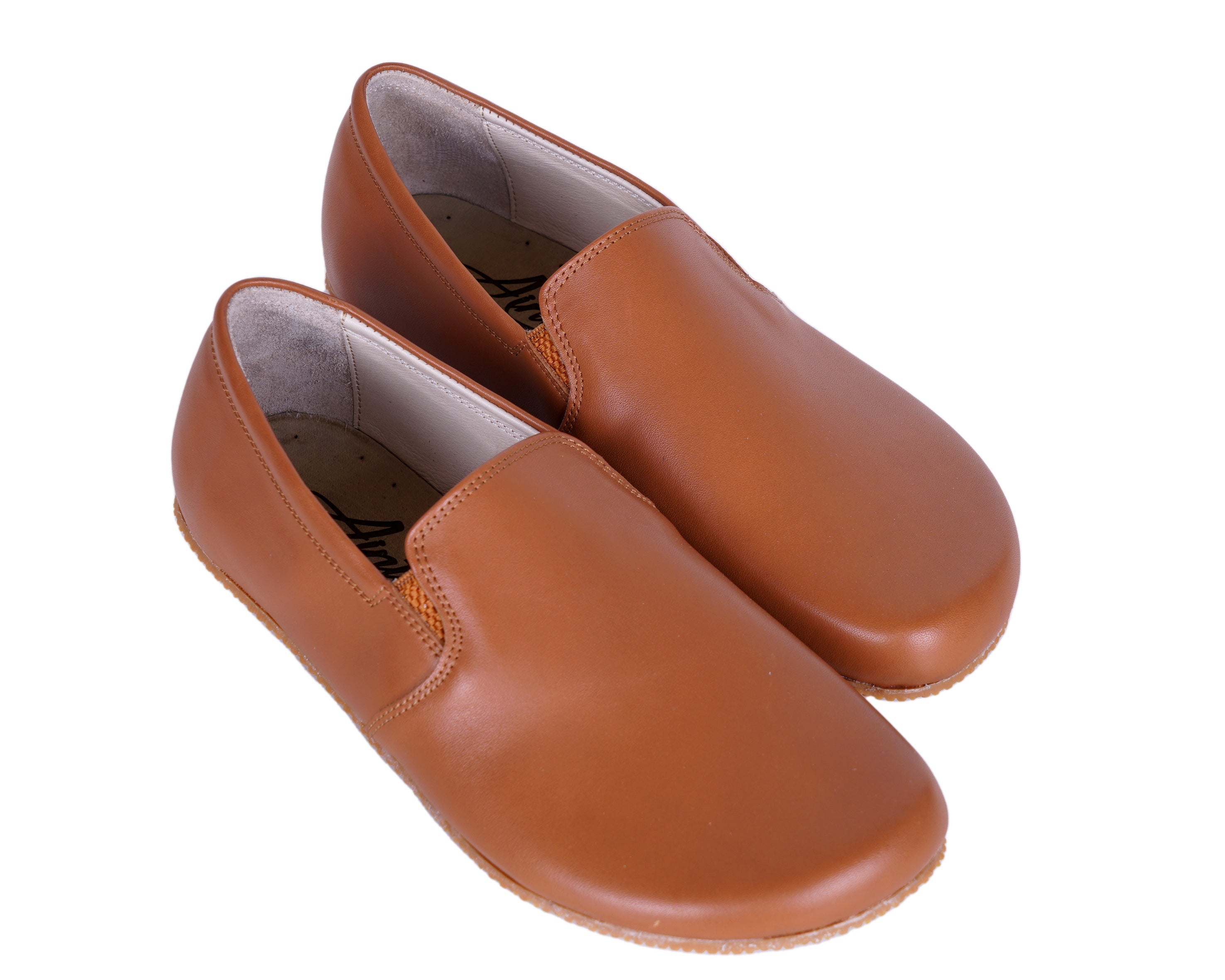 Tan Slip-On Wide Barefoot Shoes Smooth Leather Handmade 4mm Rubber Outsole 