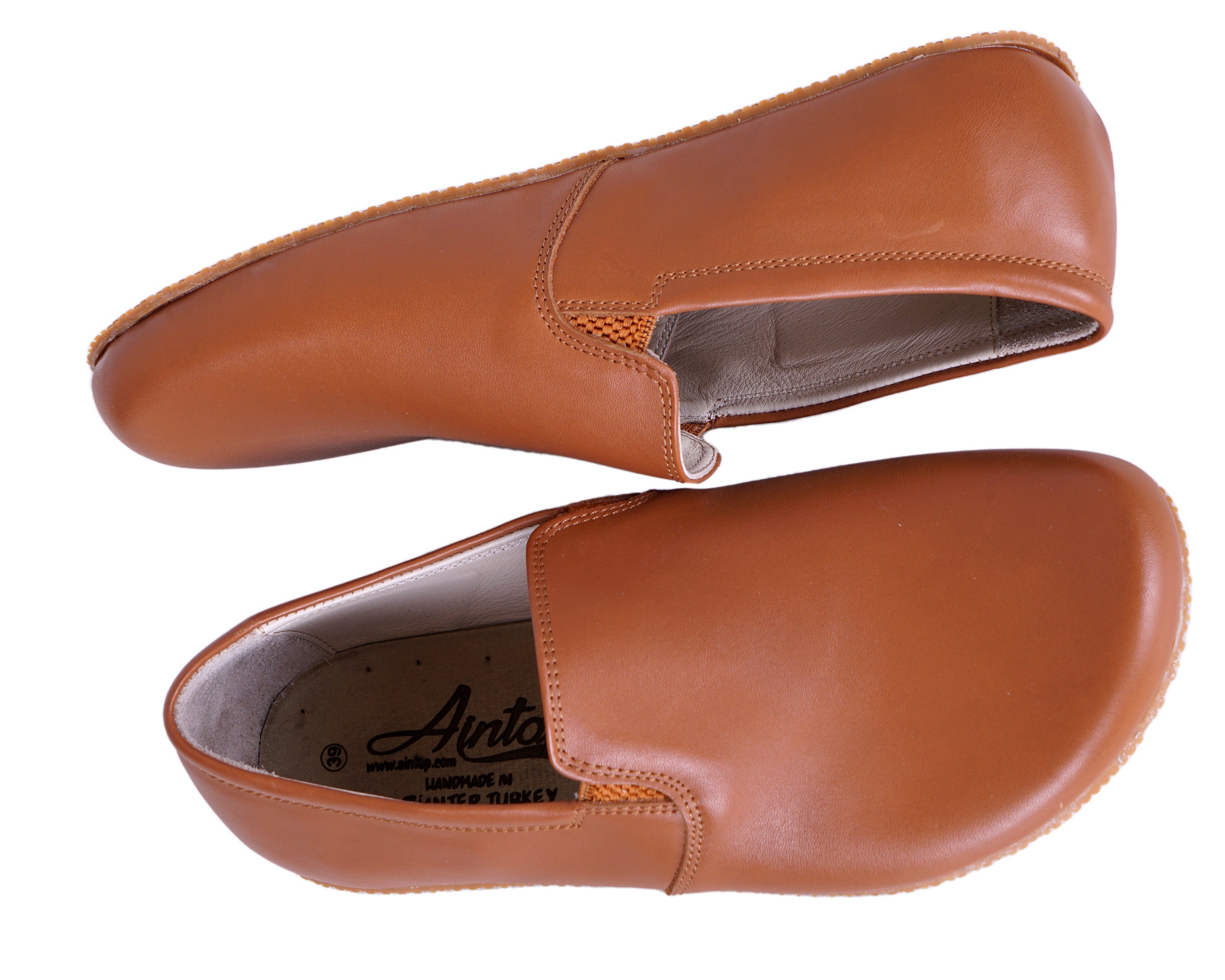 Tan Slip-On Wide Barefoot Shoes Smooth Leather Handmade 4mm Rubber Outsole 