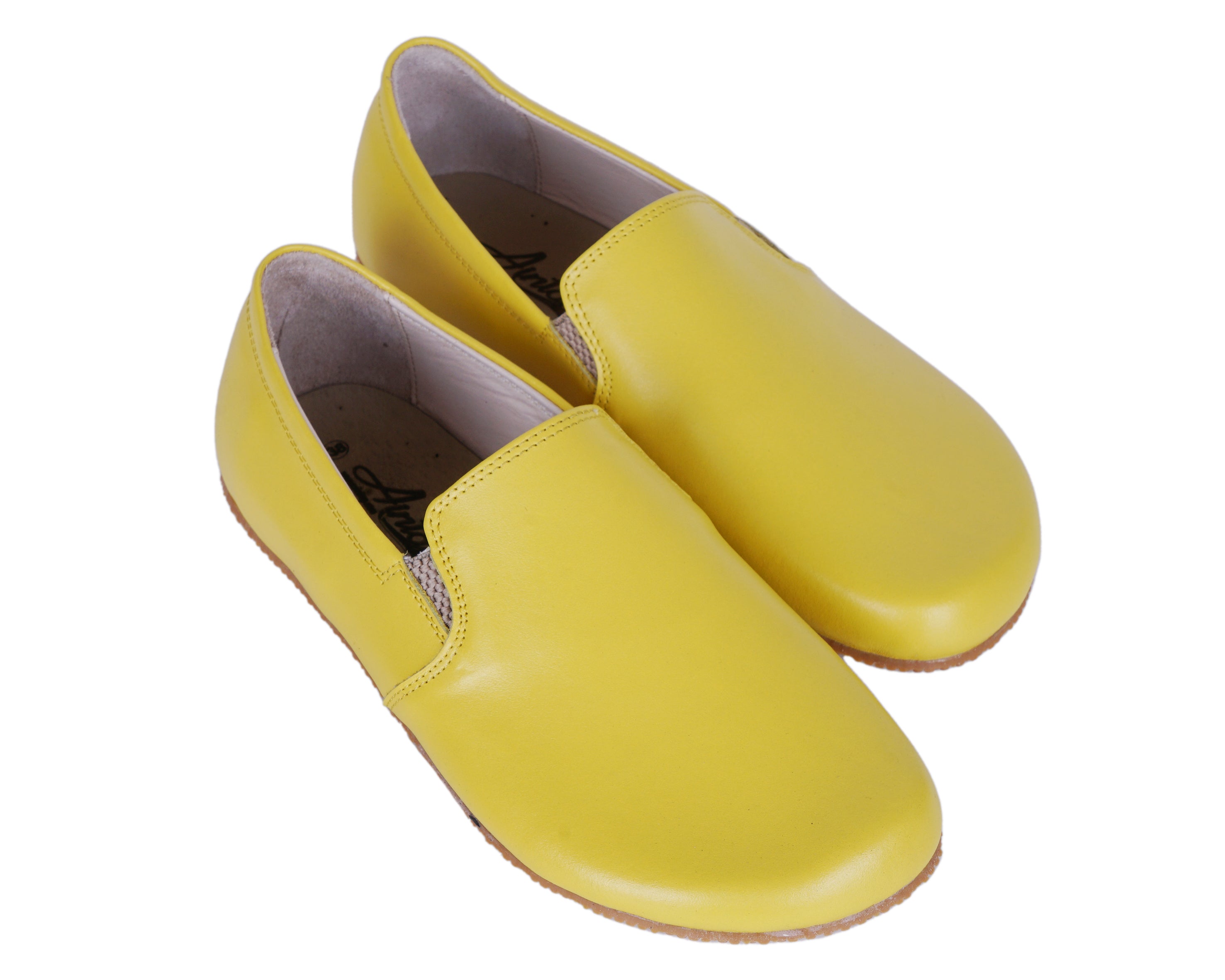 Yellow Slip-On Wide Barefoot Shoes Smooth Leather Handmade 4mm Rubber Outsole 