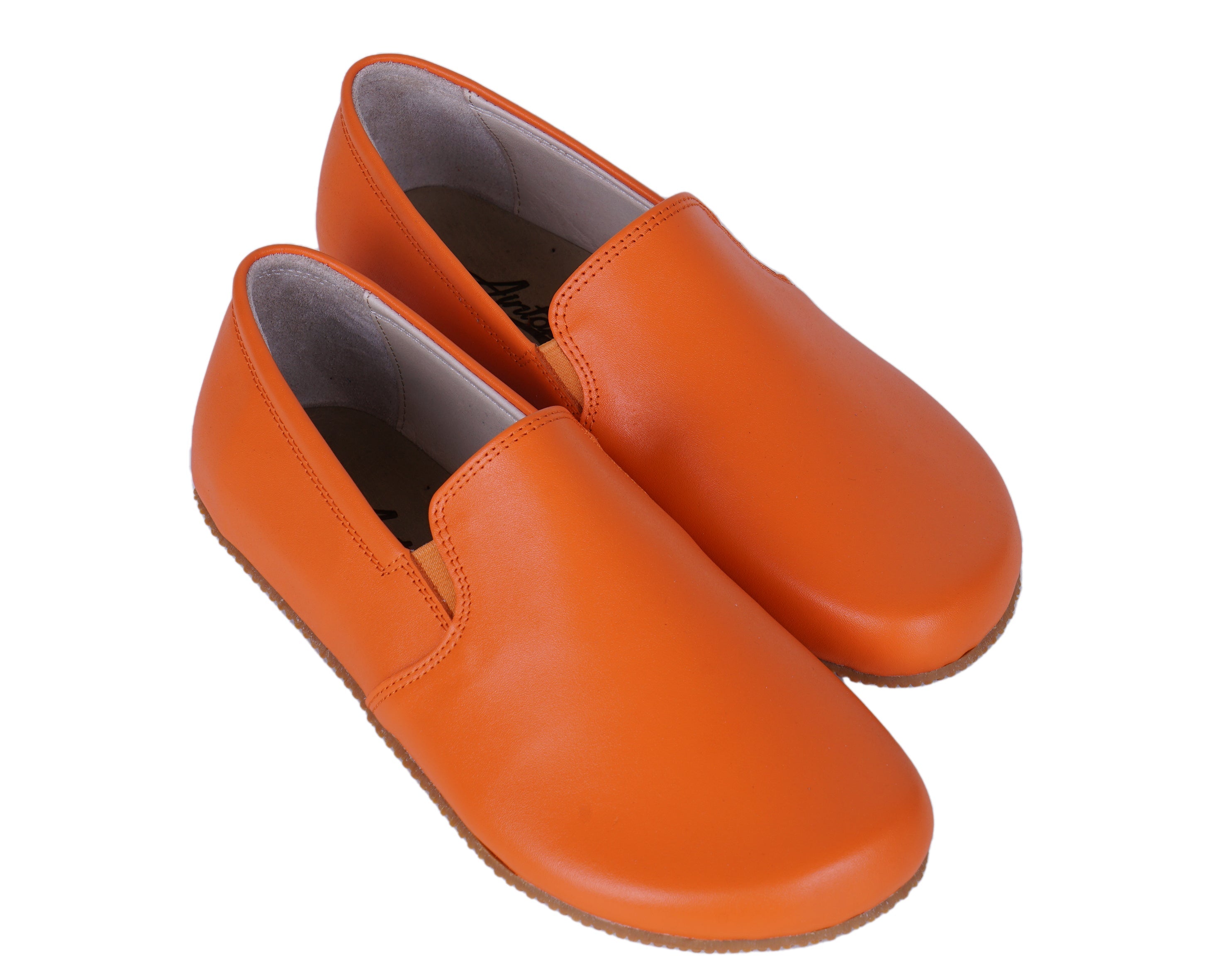 Orange Slip-On Wide Barefoot Shoes Smooth Leather Handmade 4mm Rubber Outsole 