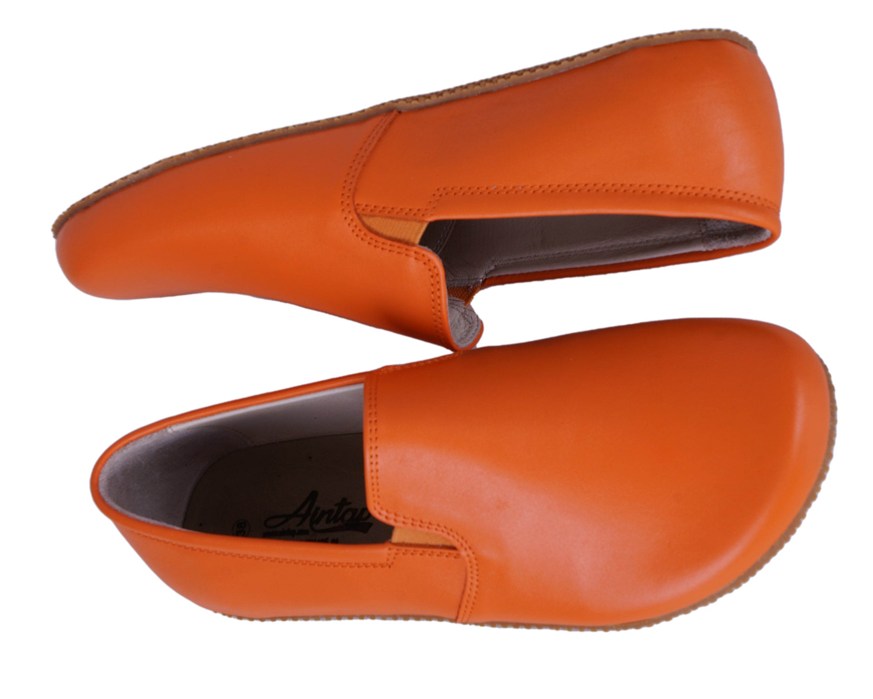 Orange Slip-On Wide Barefoot Shoes Smooth Leather Handmade 4mm Rubber Outsole 