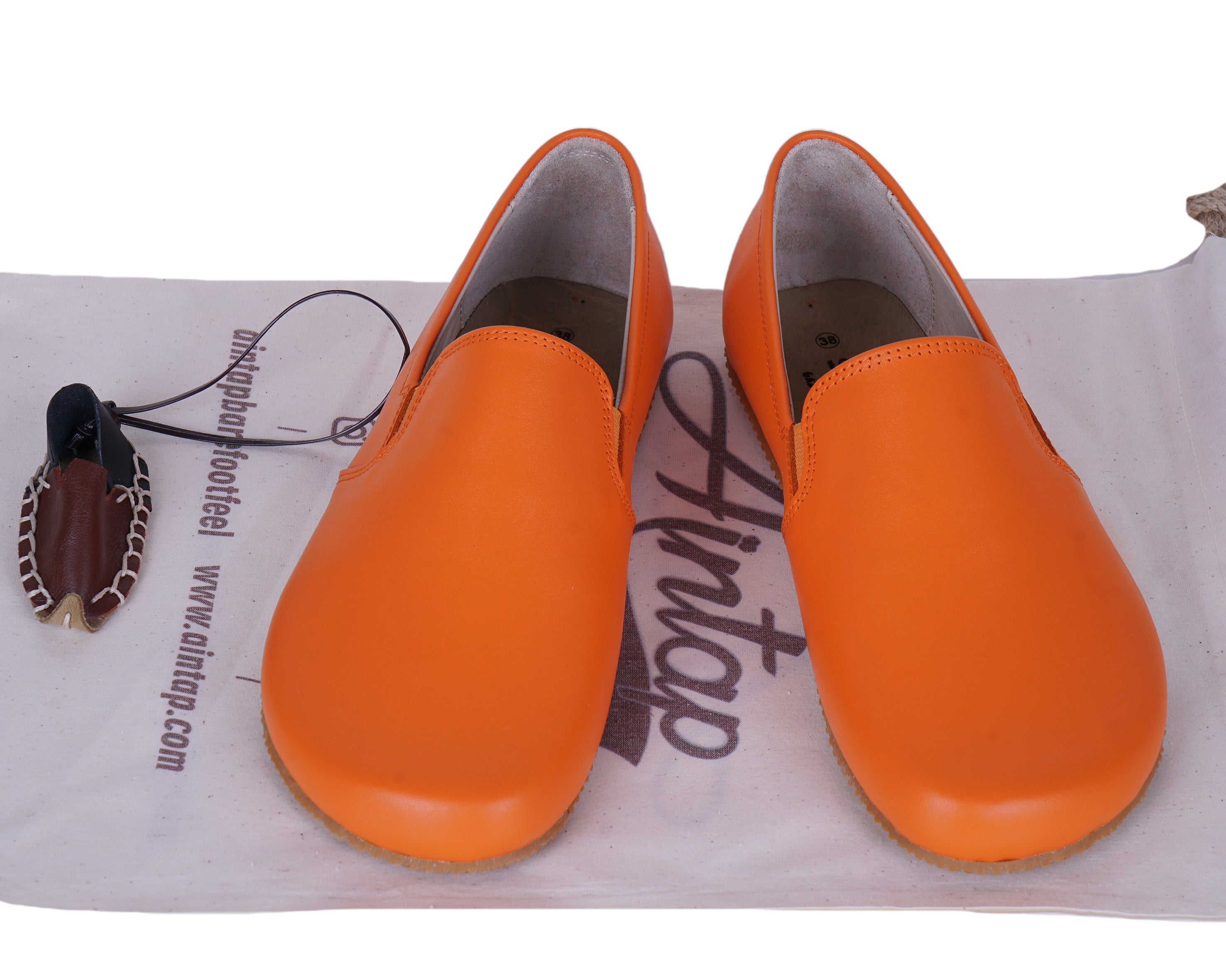 Orange Slip-On Wide Barefoot Shoes Smooth Leather Handmade 4mm Rubber Outsole 