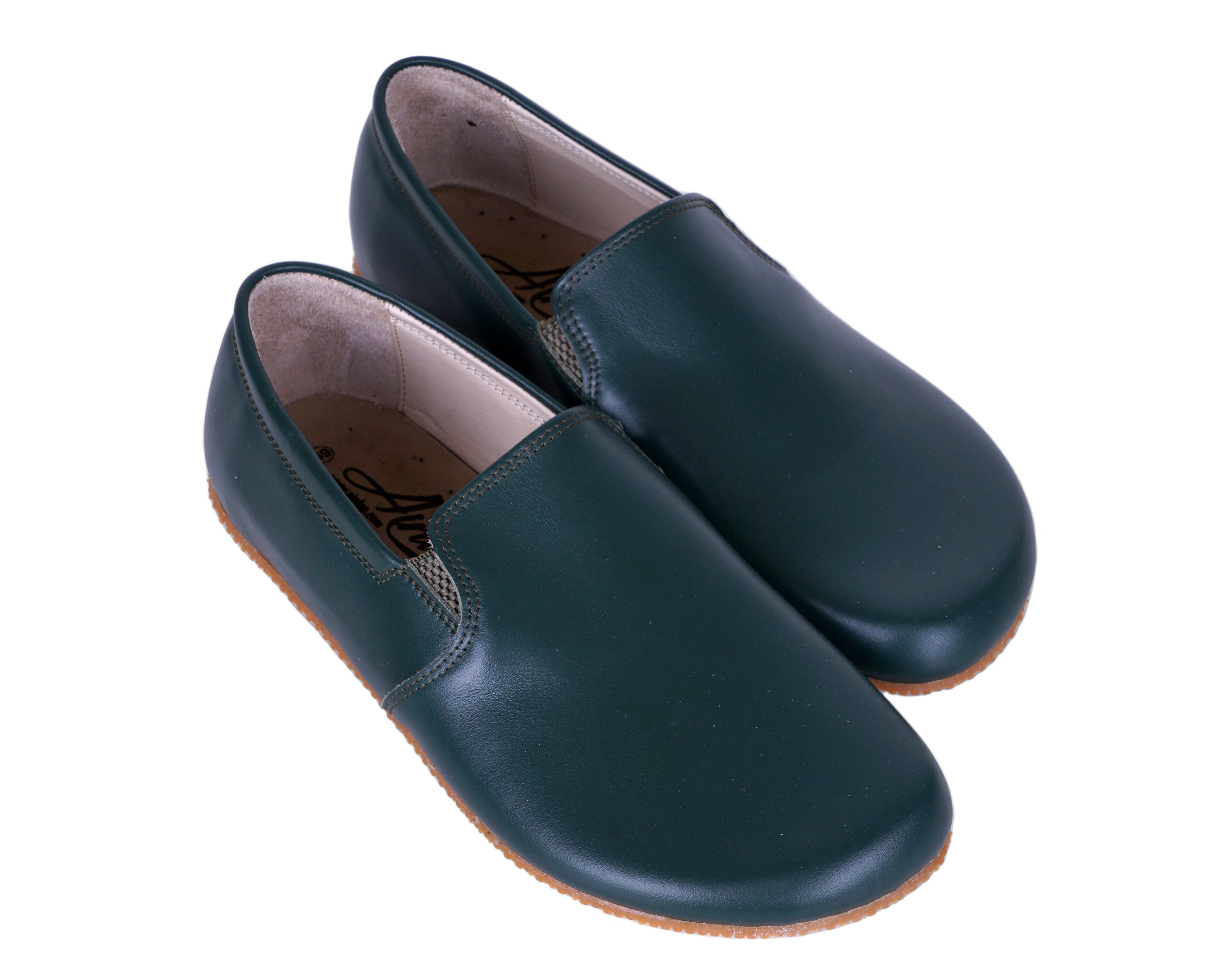 Green Slip-On Wide Barefoot Shoes Smooth Leather Handmade 4mm Rubber Outsole 