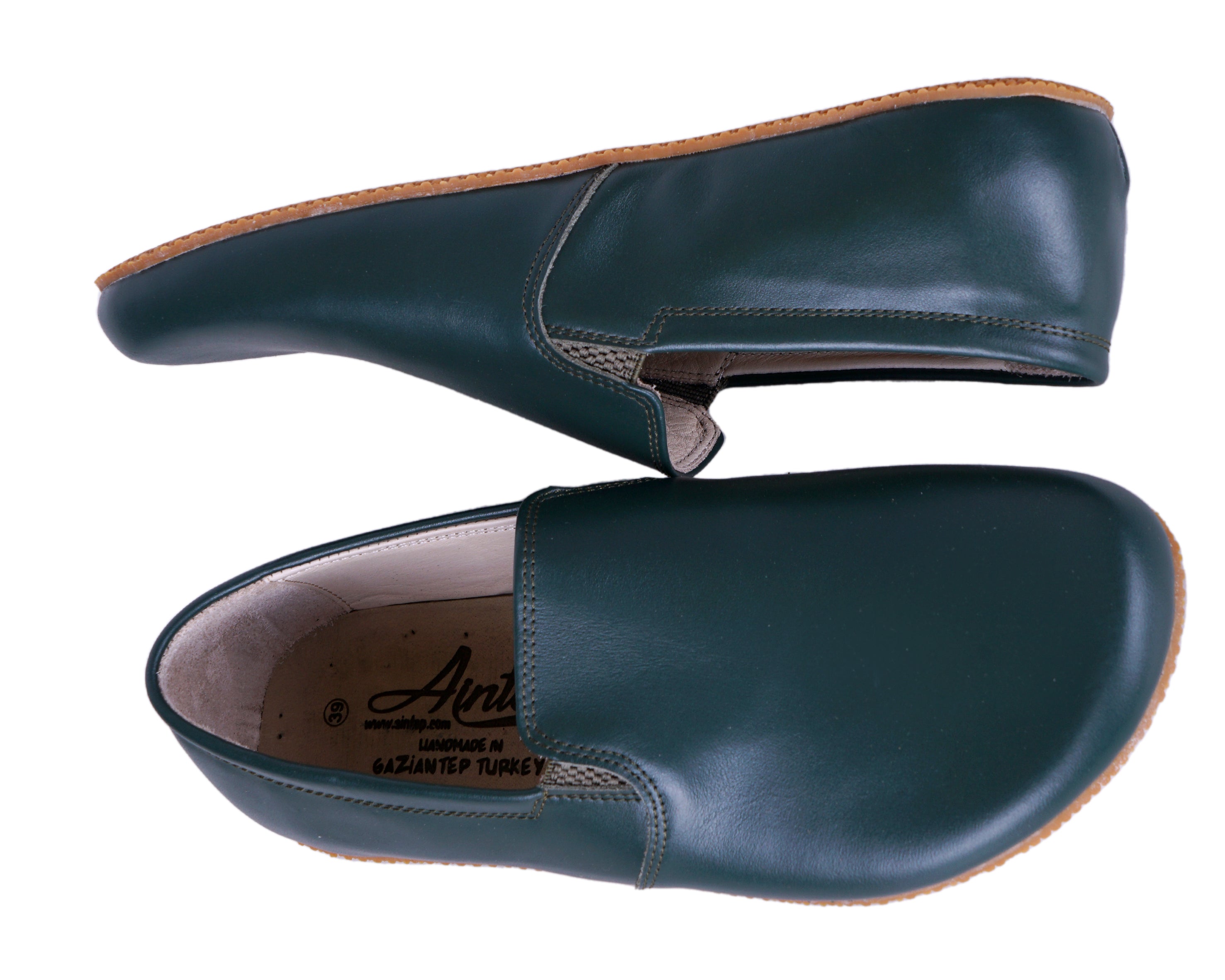 Green Slip-On Wide Barefoot Shoes Smooth Leather Handmade 4mm Rubber Outsole