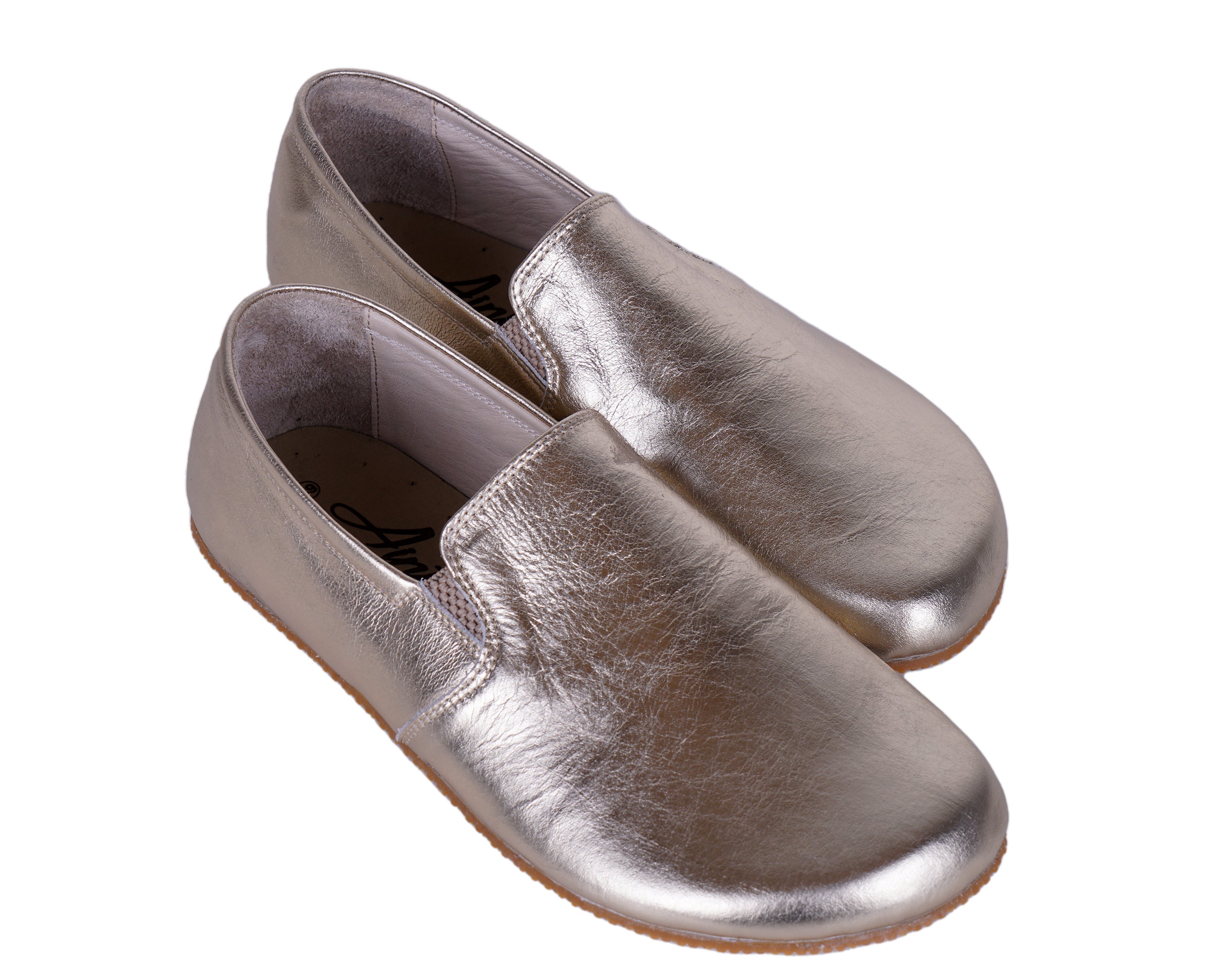 Gold Slip-On Wide Barefoot Shoes Smooth Leather Handmade 4mm Rubber Outsole 