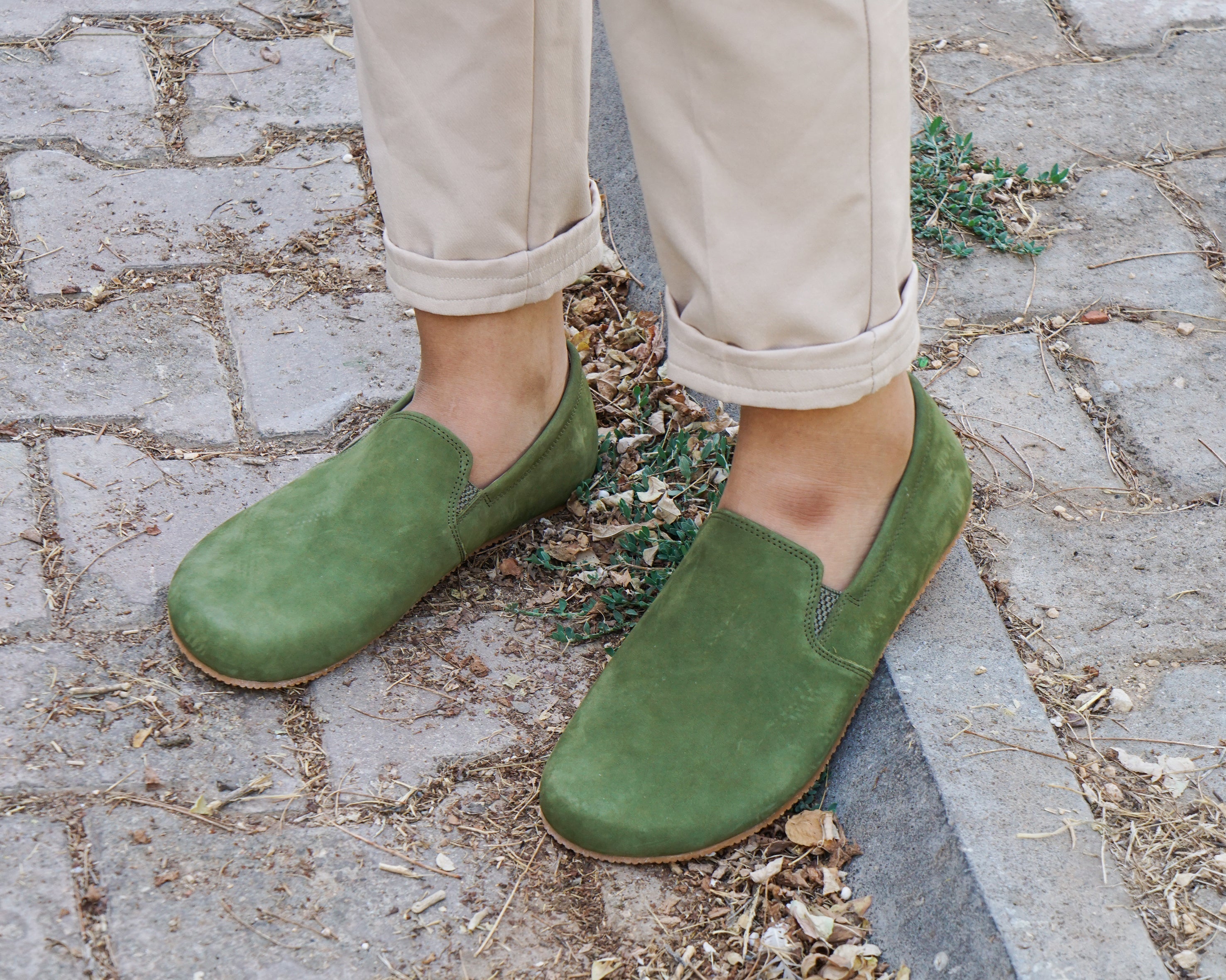 Green Slip-On Wide Barefoot Shoes Nubuck Leather Handmade 4mm Rubber Outsole 