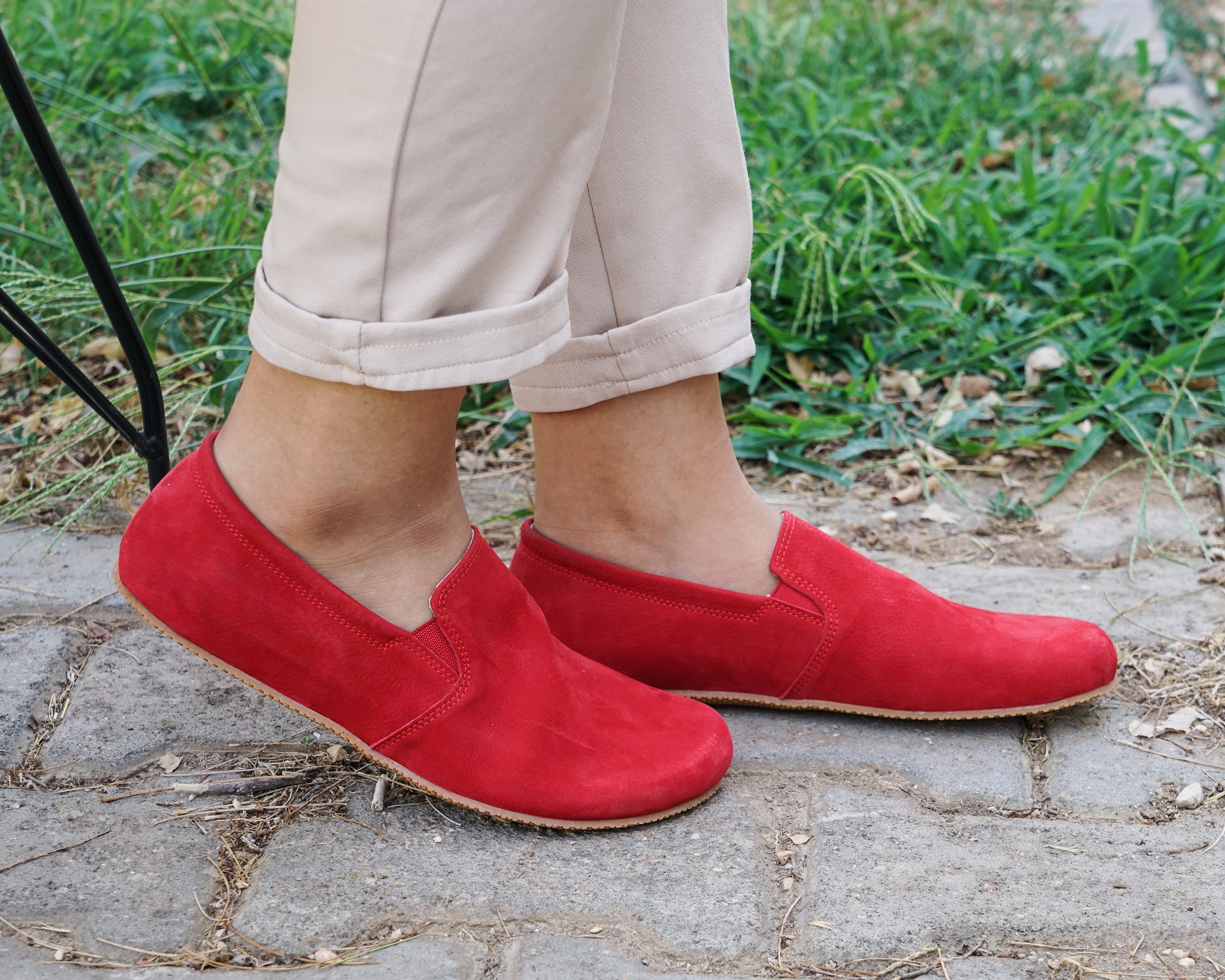 Red Slip-On Wide Barefoot Shoes Nubuck Leather Handmade 4mm Rubber Outsole 