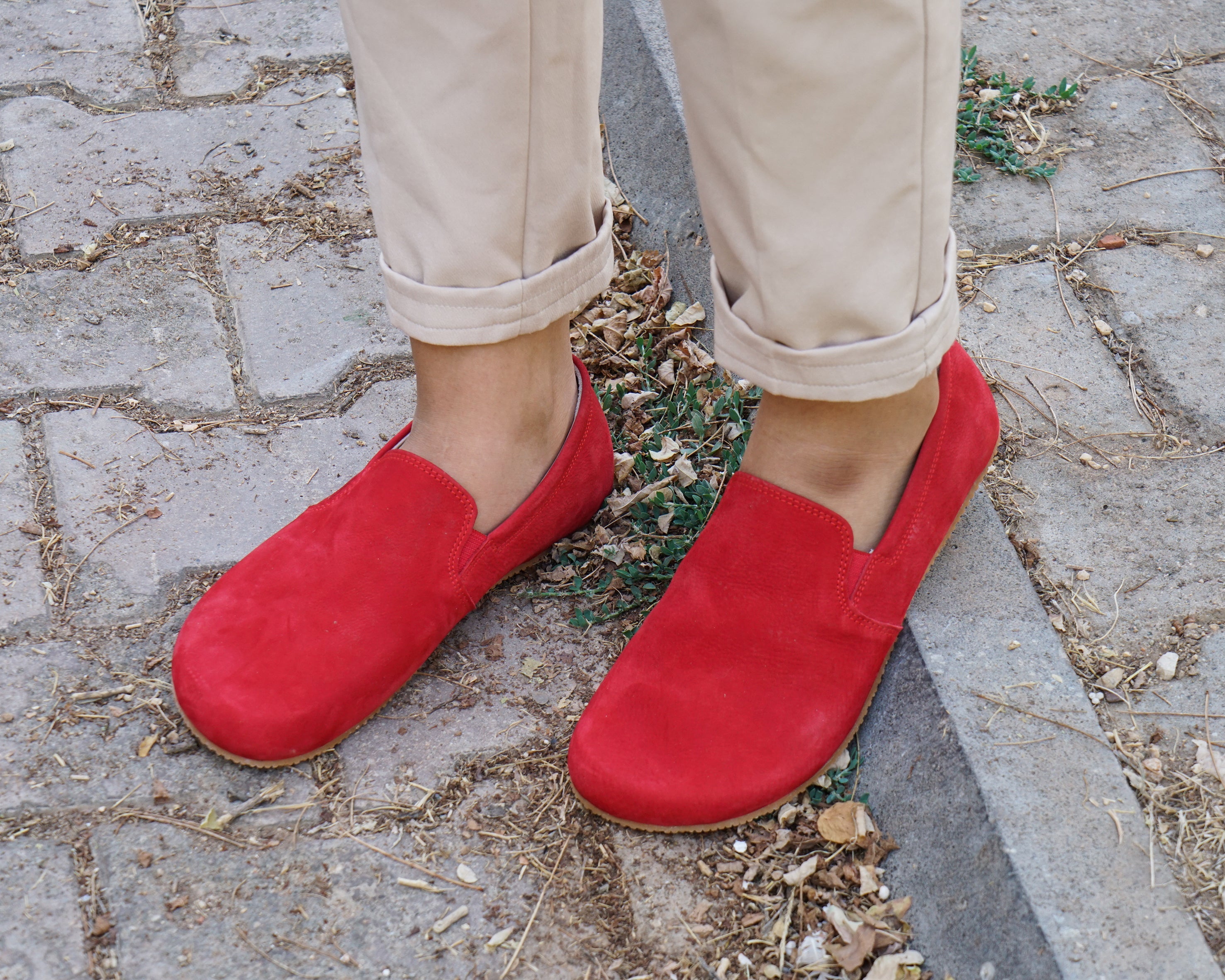 Red Slip-On Wide Barefoot Shoes Nubuck Leather Handmade 4mm Rubber Outsole 