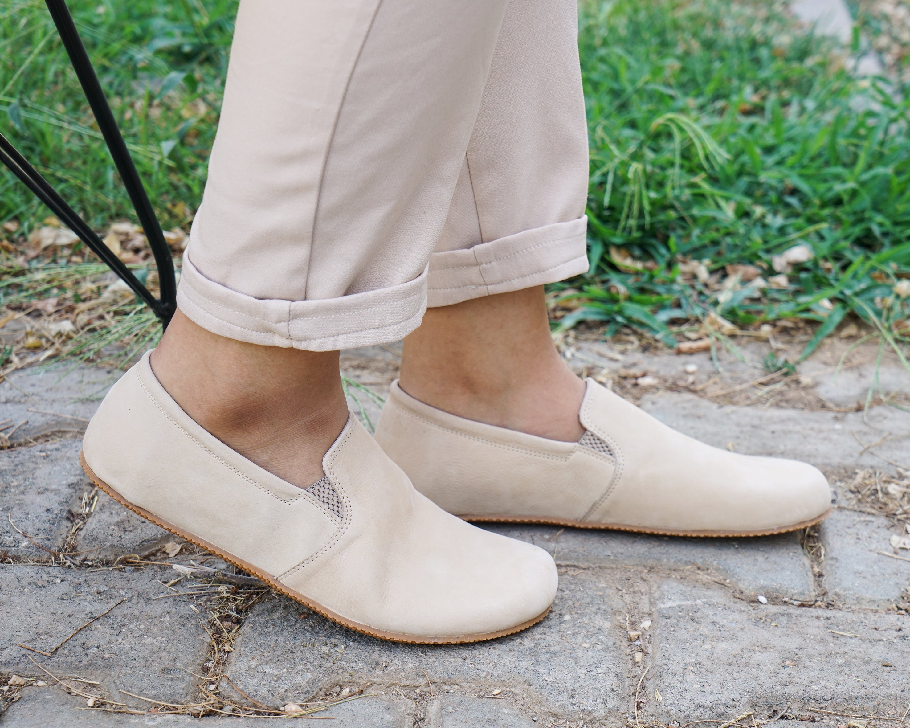 Cream Slip-On Wide Barefoot Shoes Nubuck Leather Handmade 4mm Rubber Outsole 