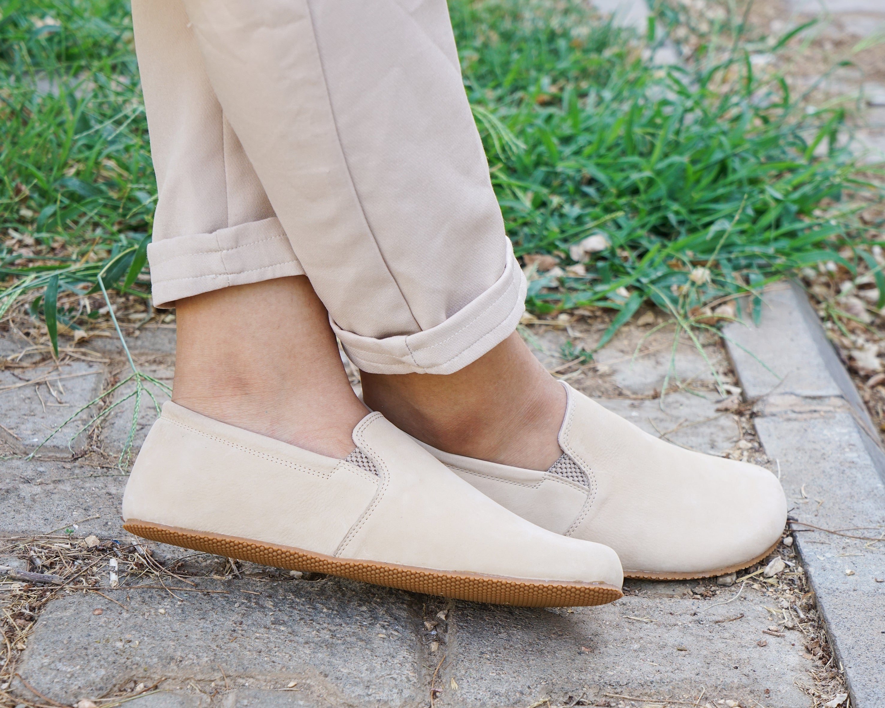 Cream Slip-On Wide Barefoot Shoes Nubuck Leather Handmade 4mm Rubber Outsole 