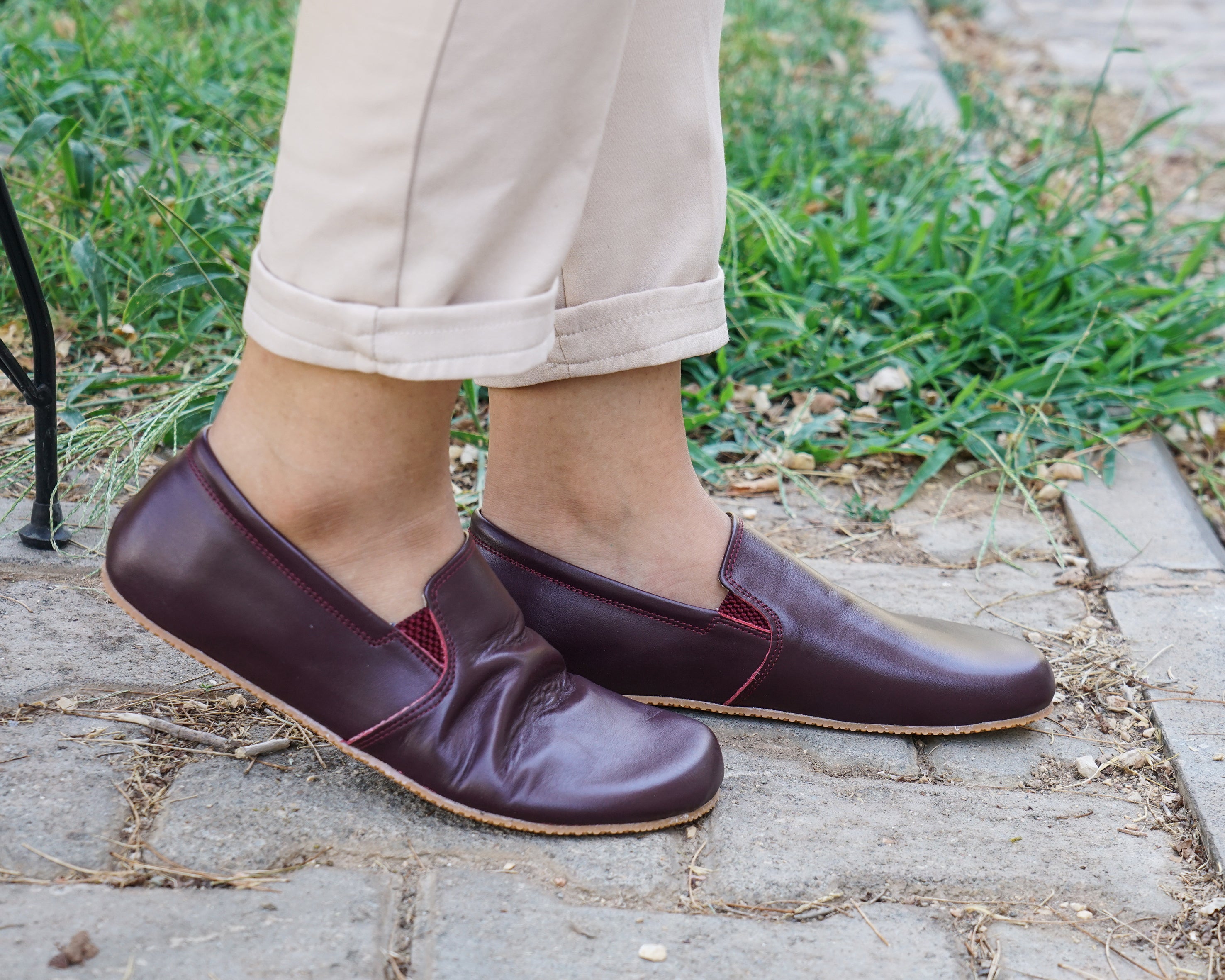 Burgundy Slip-On Wide Barefoot Shoes Smooth Leather Handmade 4mm Rubber Outsole