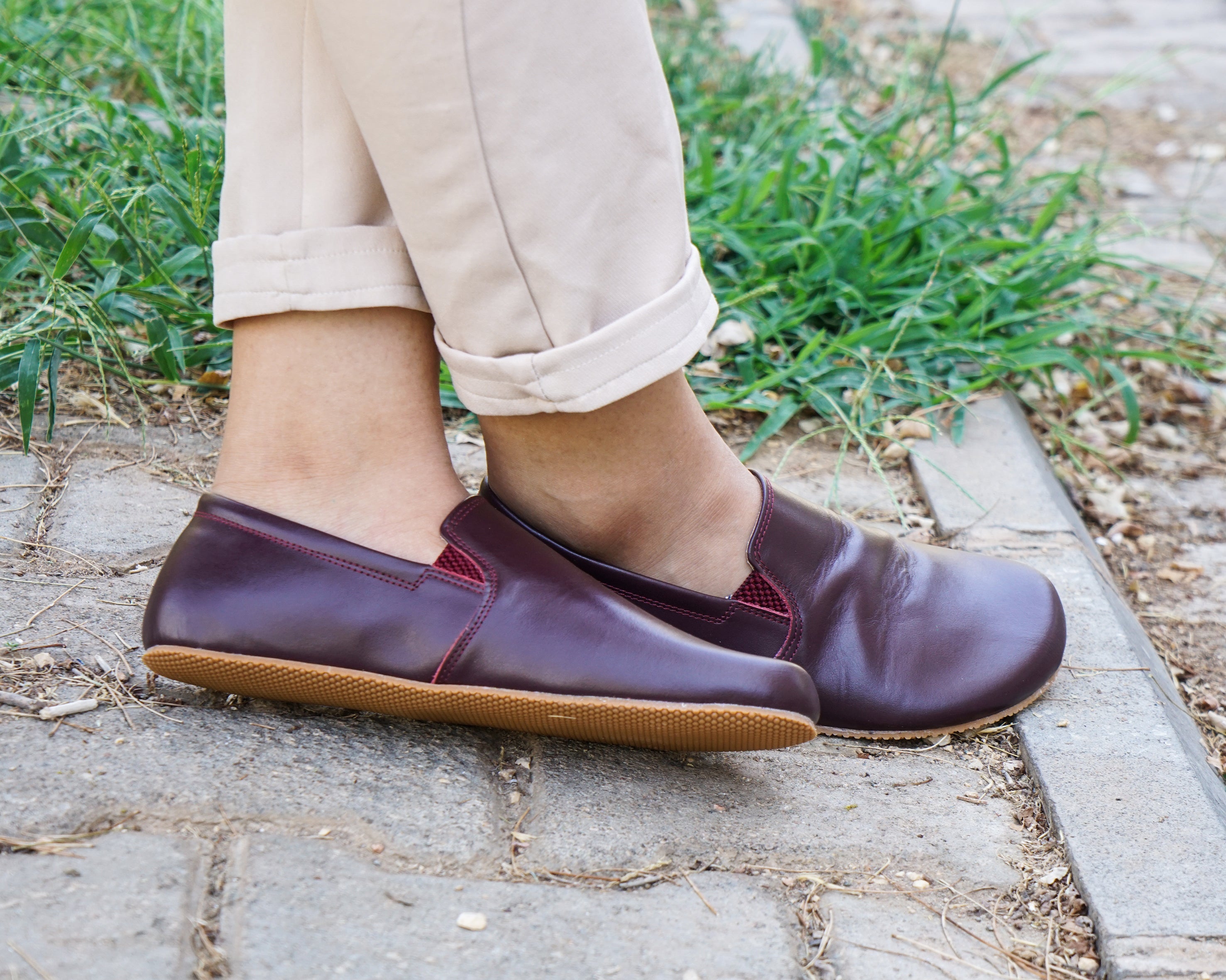 Burgundy Slip-On Wide Barefoot Shoes Smooth Leather Handmade 4mm Rubber Outsole