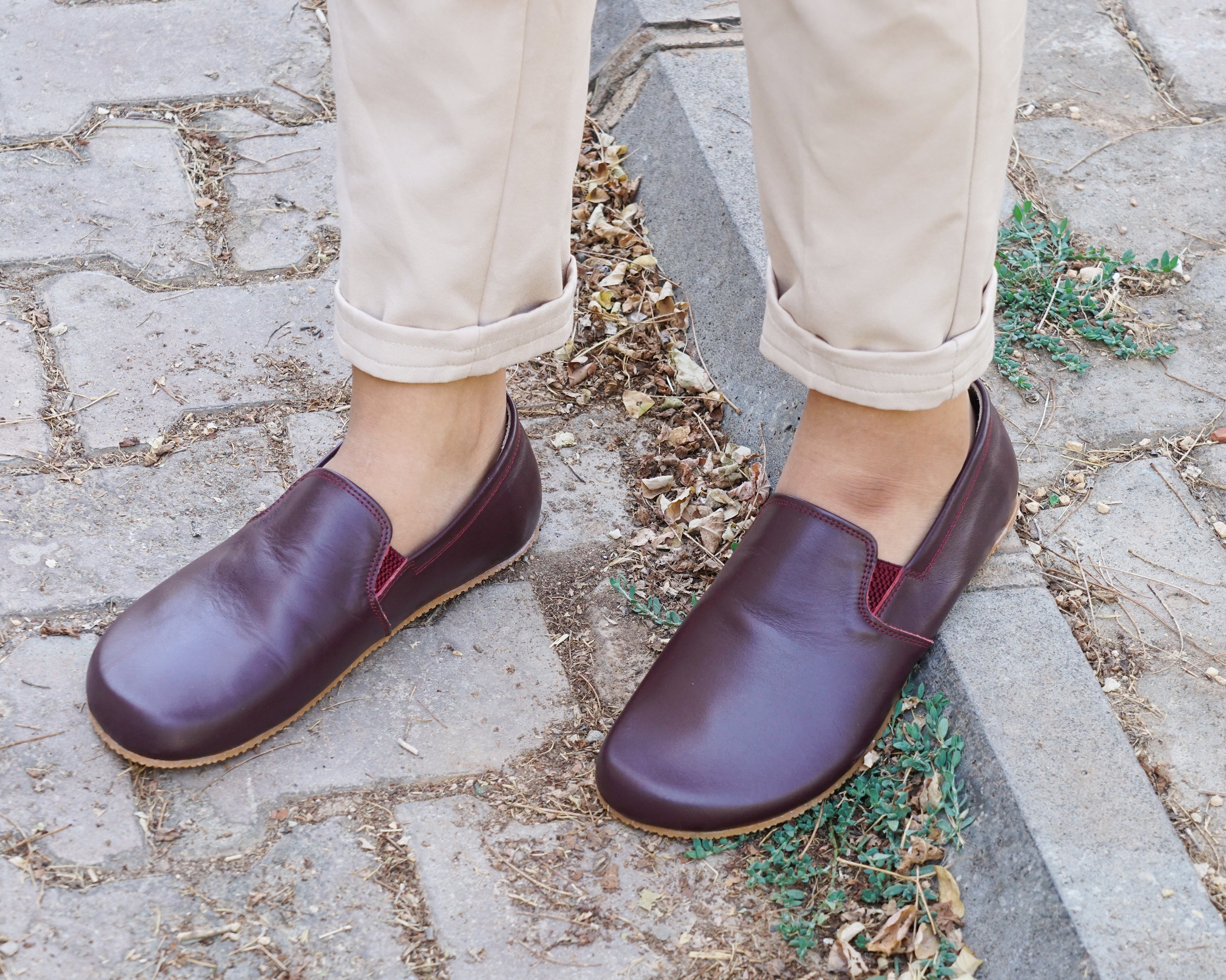 Burgundy Slip-On Wide Barefoot Shoes Smooth Leather Handmade 4mm Rubber Outsole