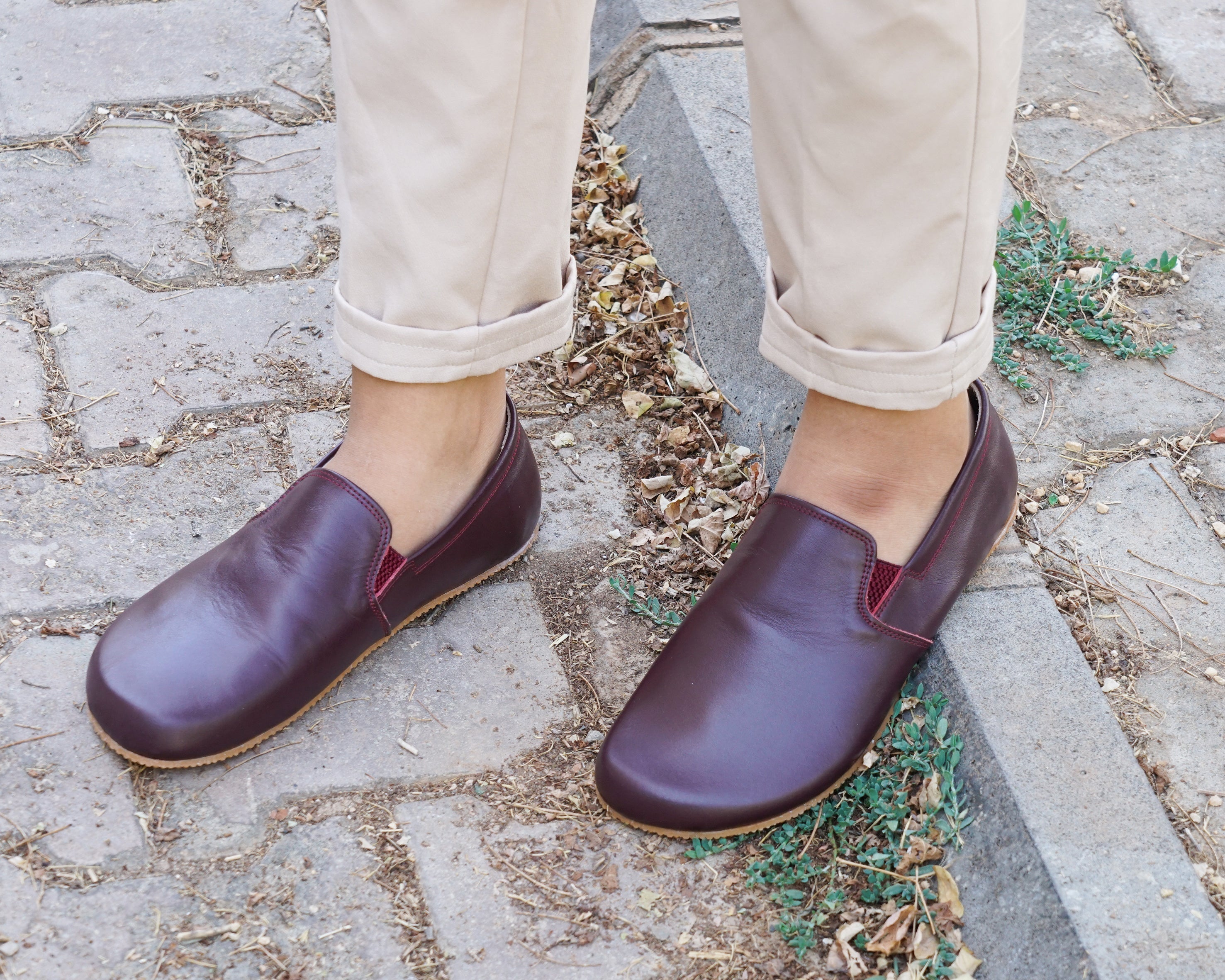 Burgundy Slip-On Wide Barefoot Shoes Smooth Leather Handmade 4mm Rubber Outsole 