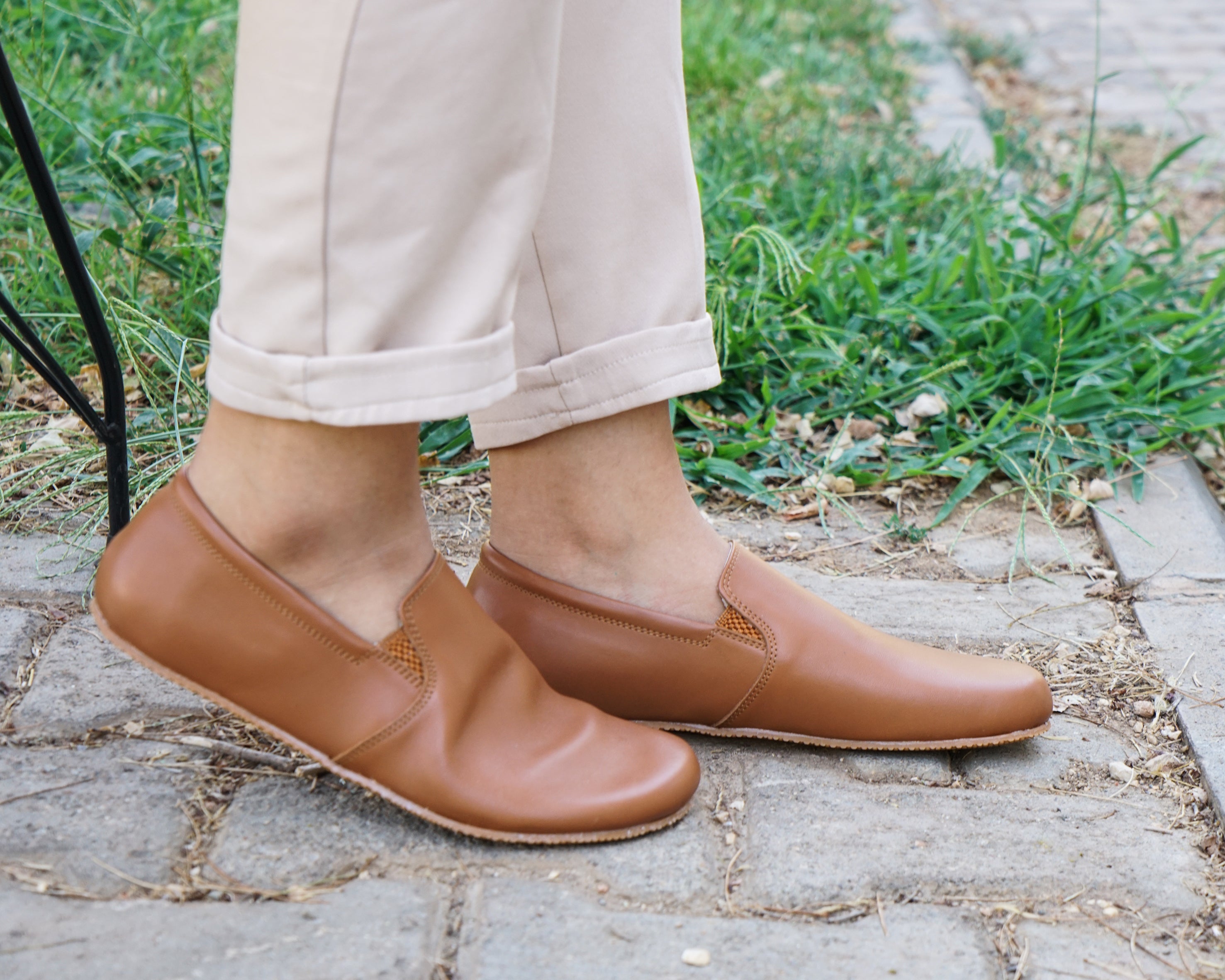 Tan Slip-On Wide Barefoot Shoes Smooth Leather Handmade 4mm Rubber Outsole