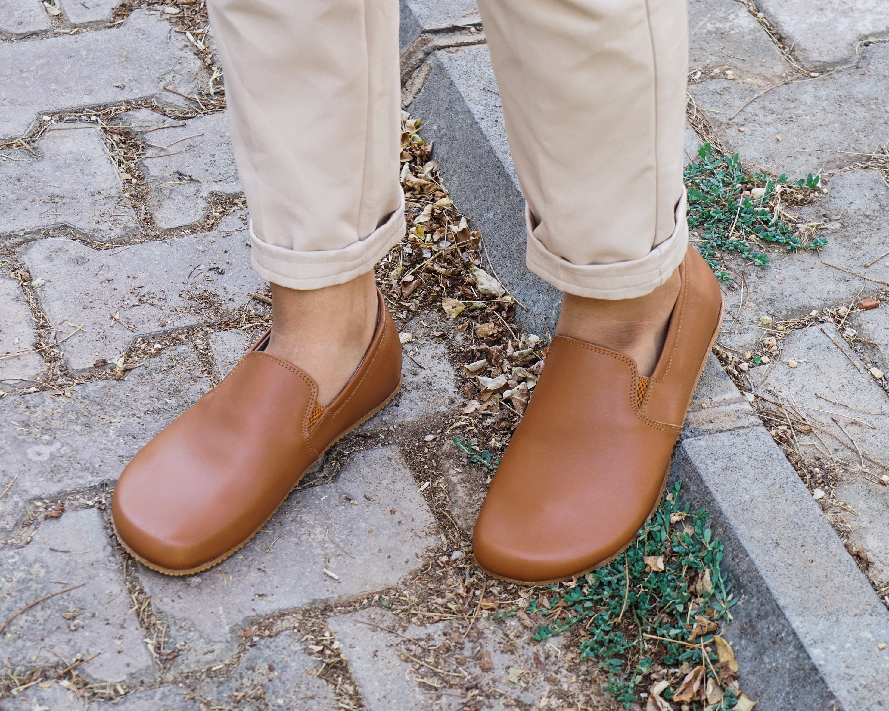 Tan Slip-On Wide Barefoot Shoes Smooth Leather Handmade 4mm Rubber Outsole