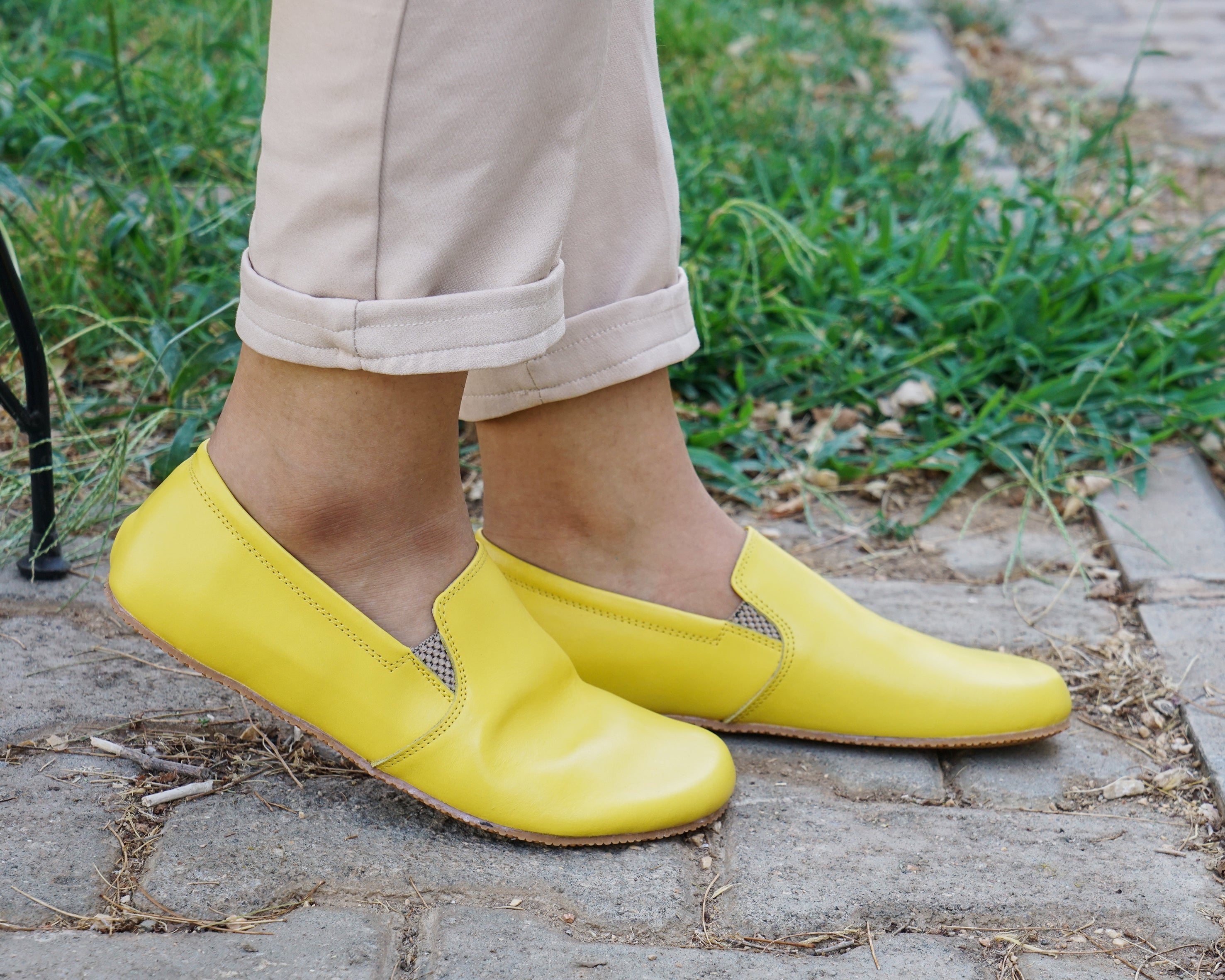 Yellow Slip-On Wide Barefoot Shoes Smooth Leather Handmade 4mm Rubber Outsole 