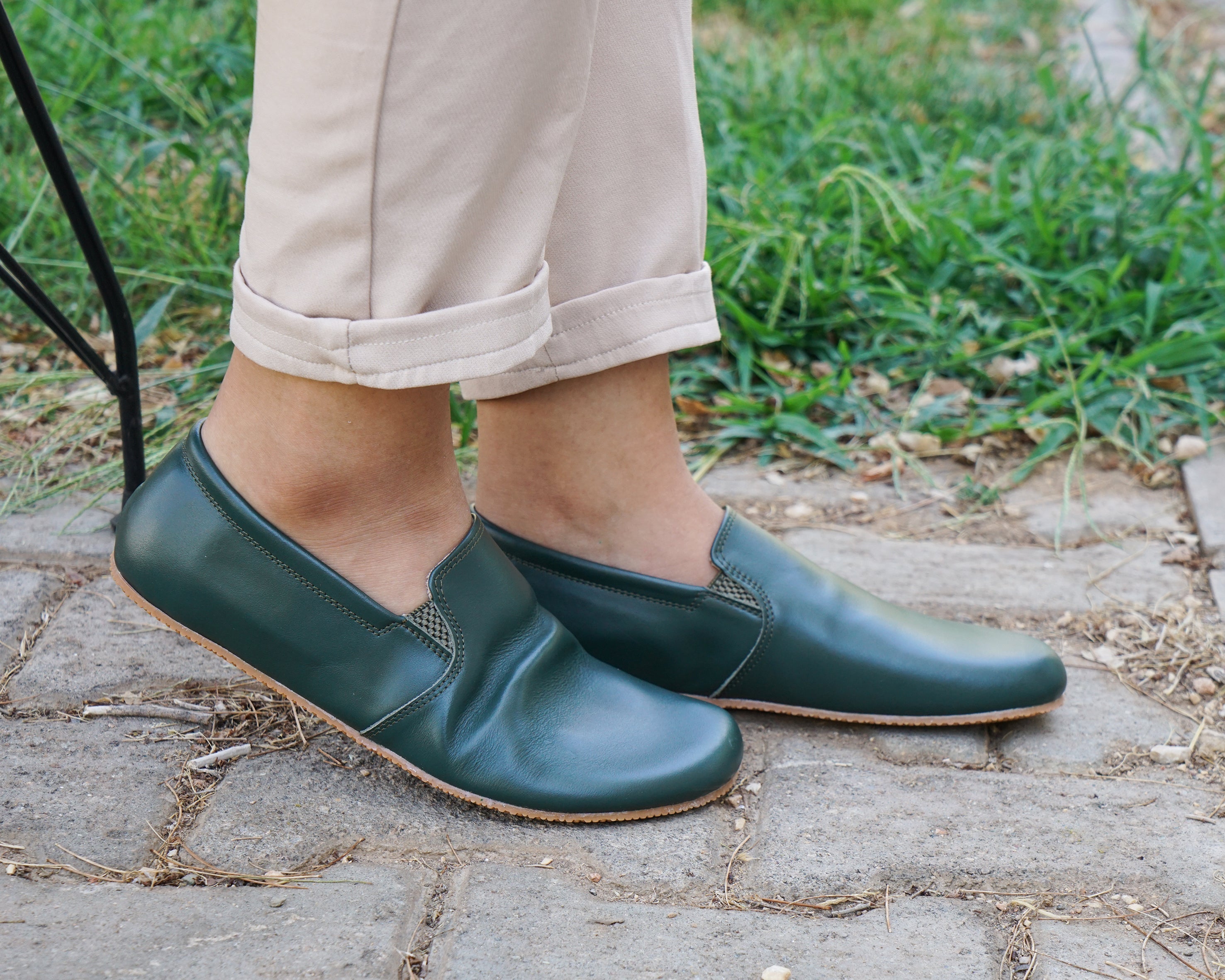 Green Slip-On Wide Barefoot Shoes Smooth Leather Handmade 4mm Rubber Outsole 