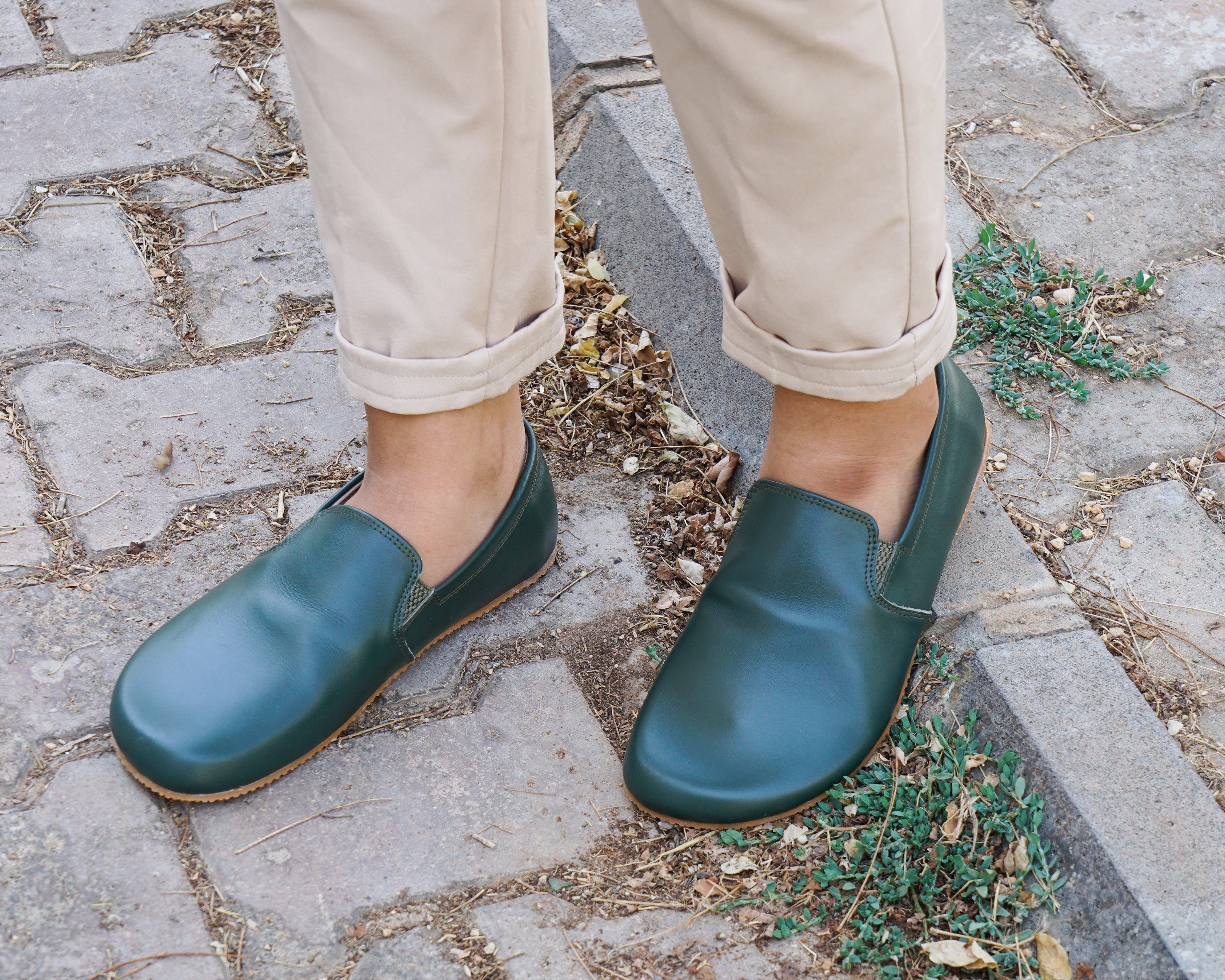 Green Slip-On Wide Barefoot Shoes Smooth Leather Handmade 4mm Rubber Outsole 