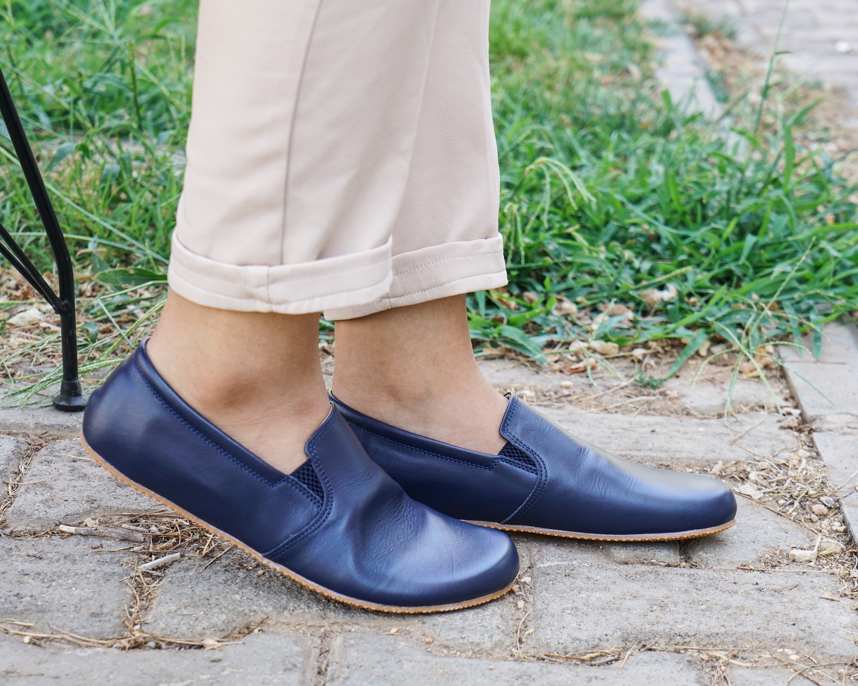 Navy Blue Slip-On Wide Barefoot Shoes Smooth Leather Handmade 4mm Rubber Outsole 