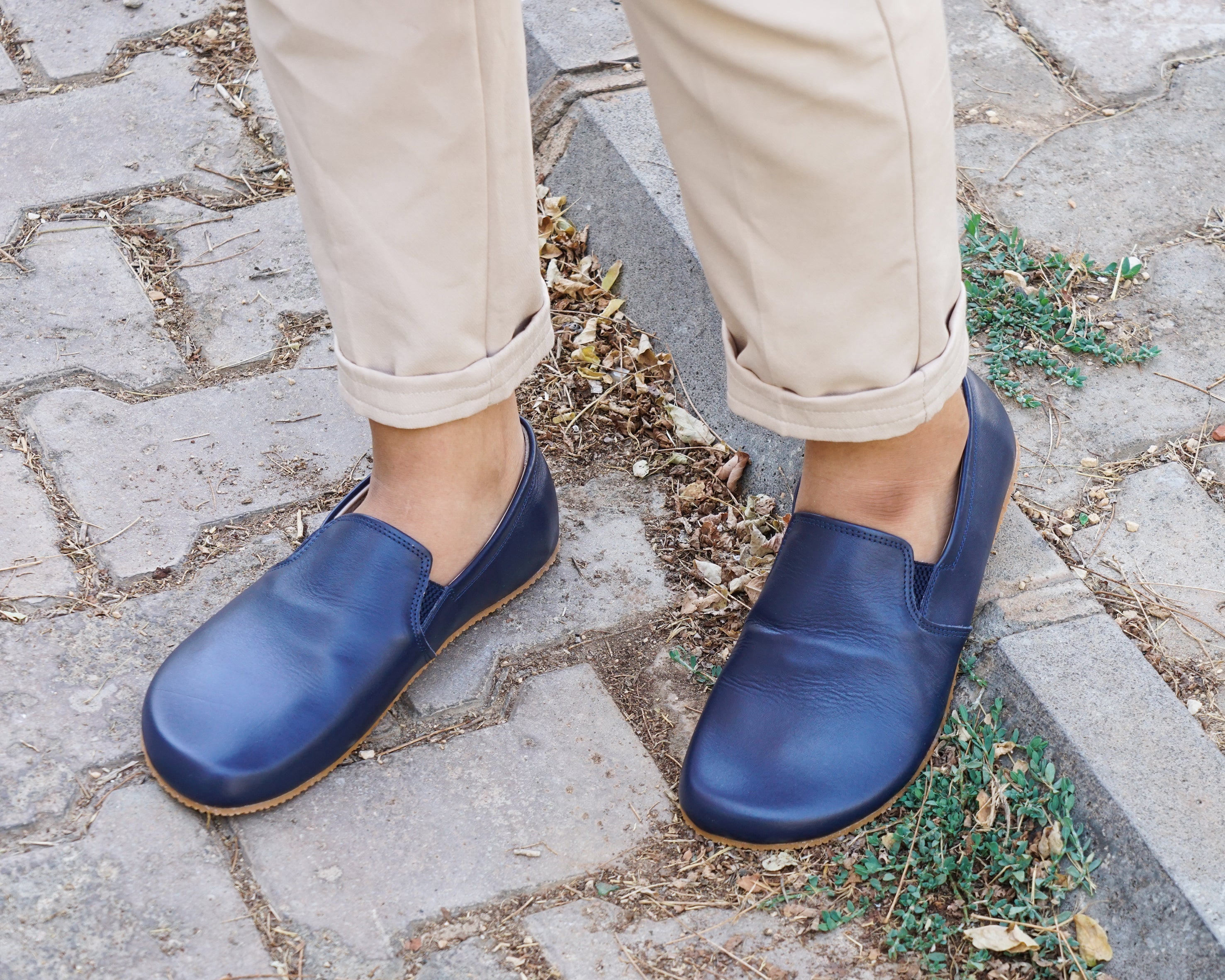Navy Blue Slip-On Wide Barefoot Shoes Smooth Leather Handmade 4mm Rubber Outsole 
