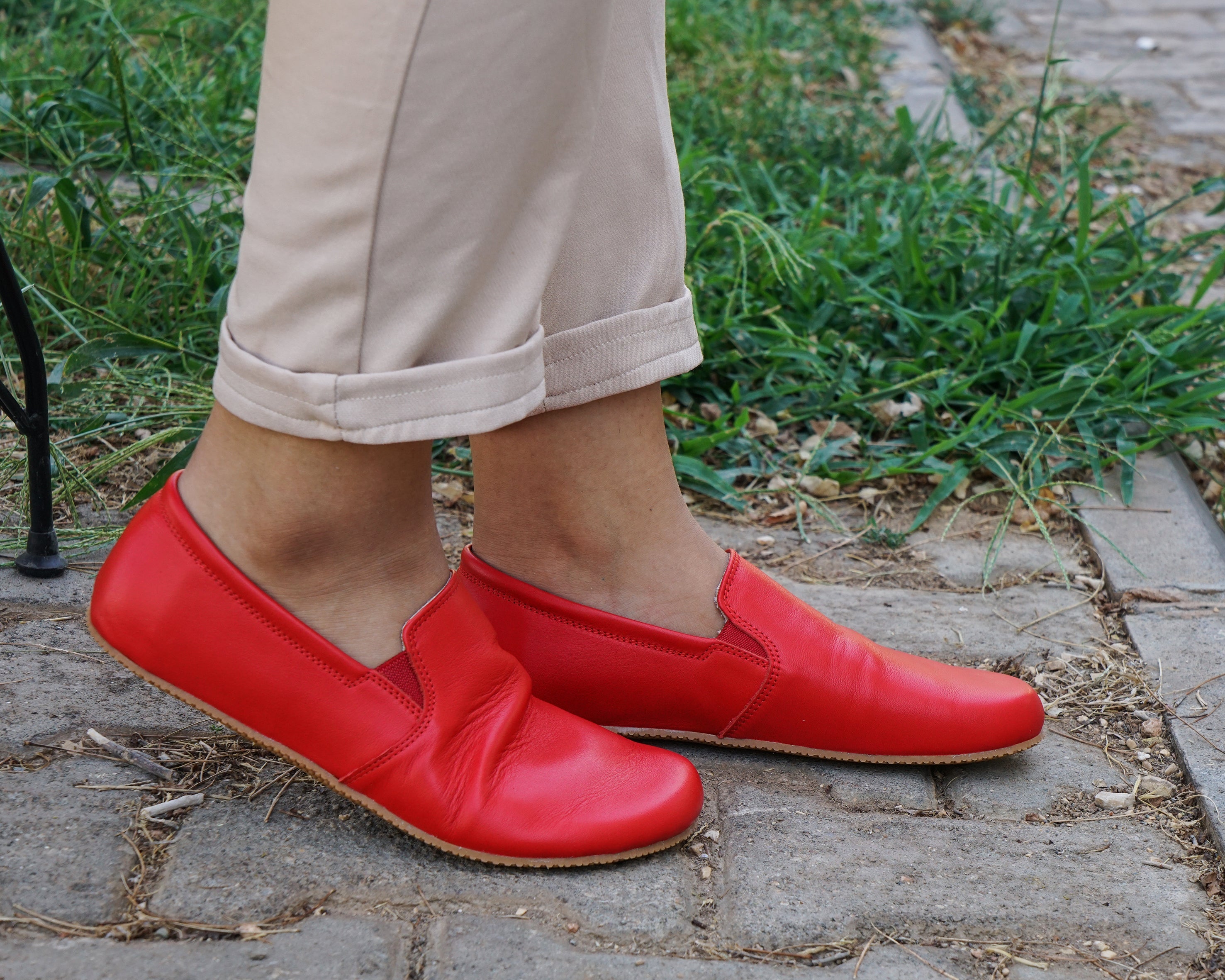 Red Slip-On Wide Barefoot Shoes Smooth Leather Handmade 4mm Rubber Outsole 
