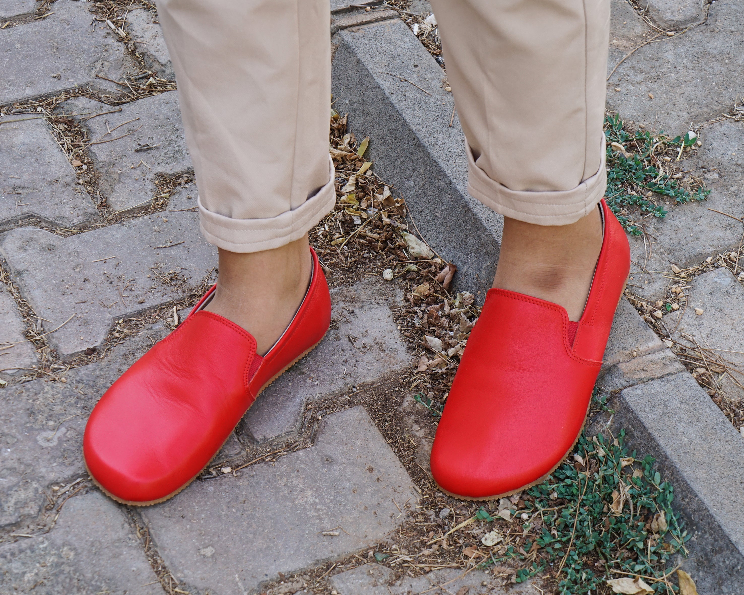 Red Slip-On Wide Barefoot Shoes Smooth Leather Handmade 4mm Rubber Outsole 