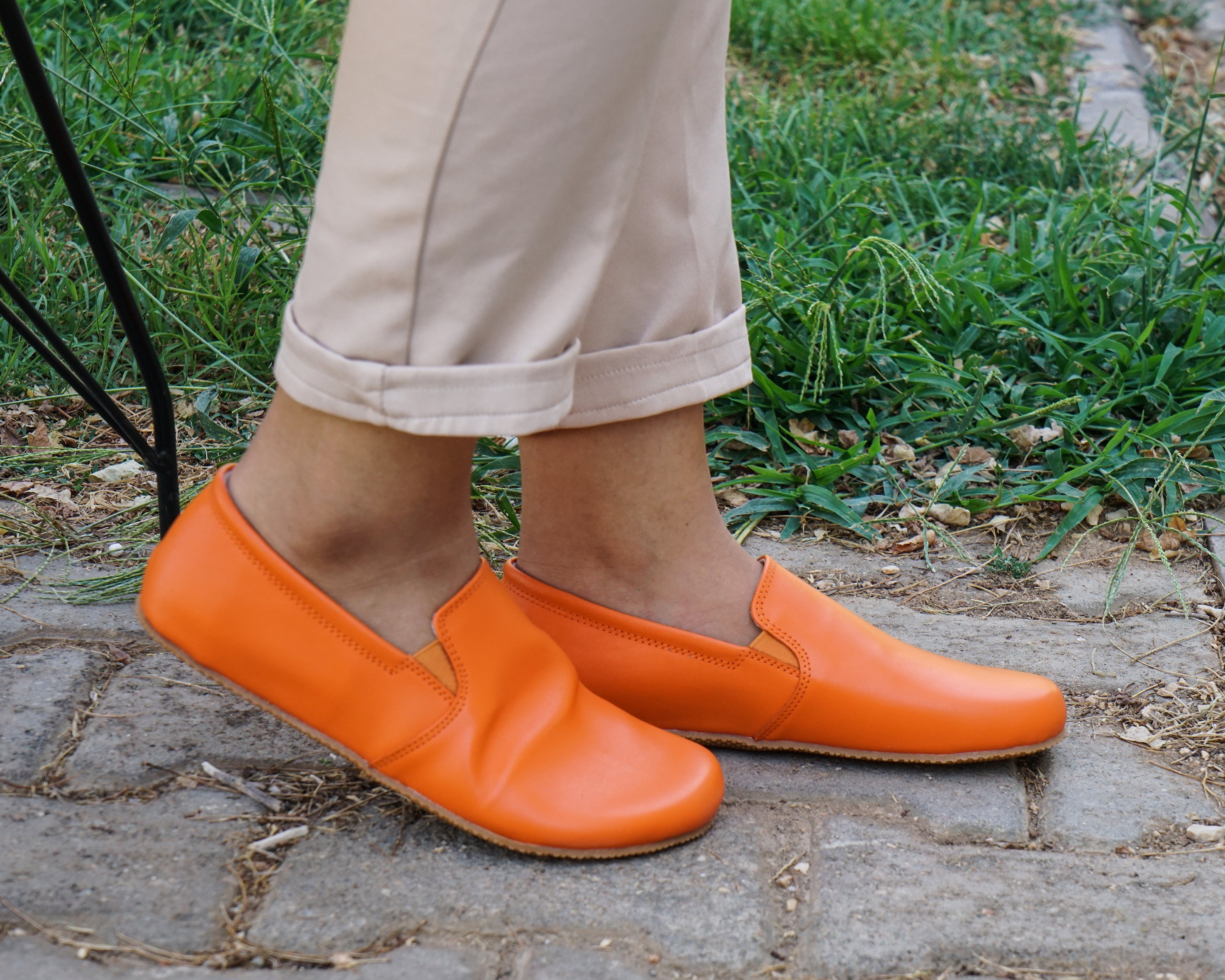 Orange Slip-On Wide Barefoot Shoes Smooth Leather Handmade 4mm Rubber Outsole 