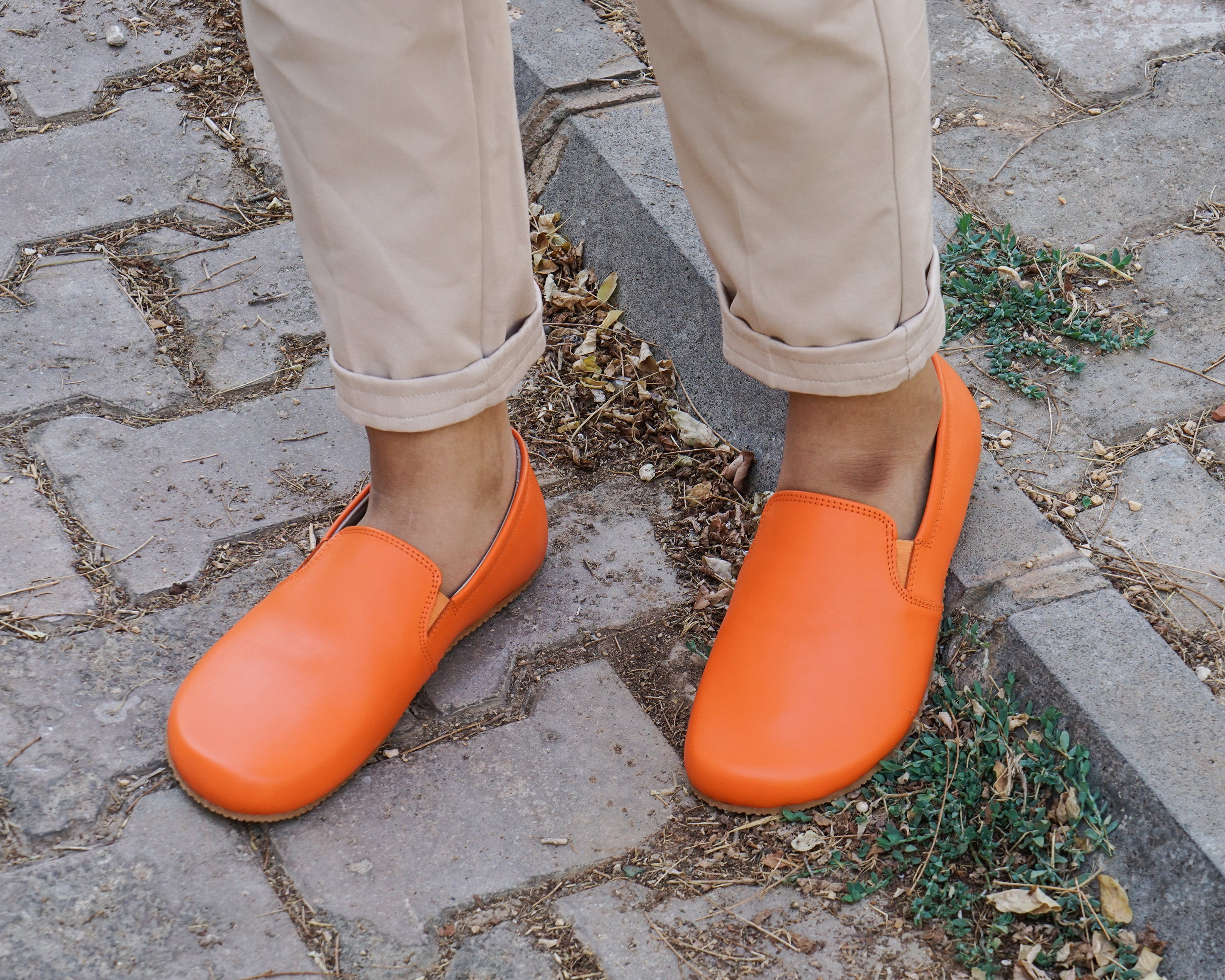 Orange Slip-On Wide Barefoot Shoes Smooth Leather Handmade 4mm Rubber Outsole