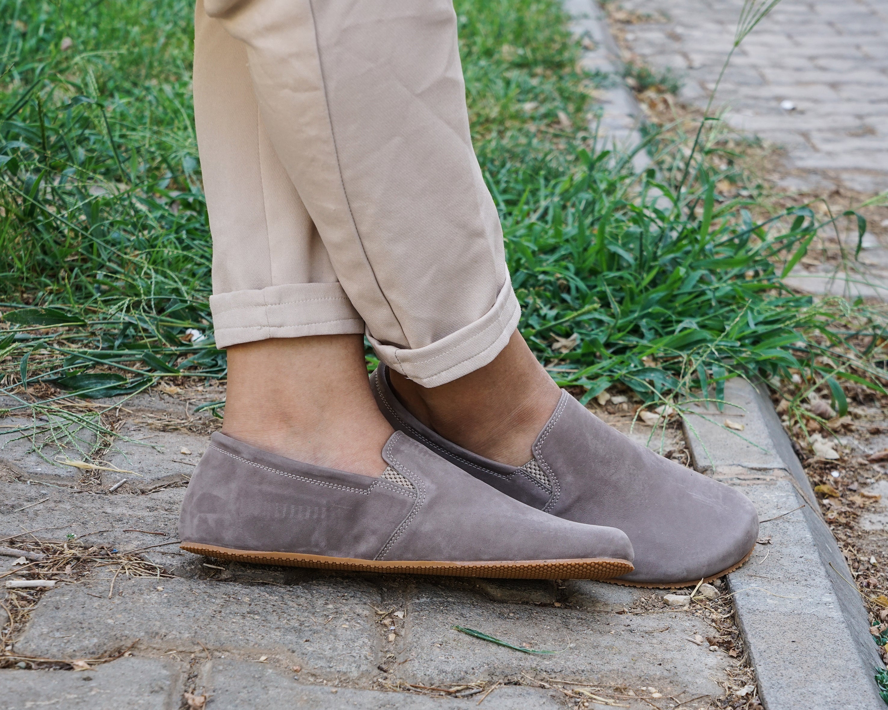 Smoked Slip-On Wide Barefoot Shoes Nubuck Leather Handmade 4mm Rubber Outsole 