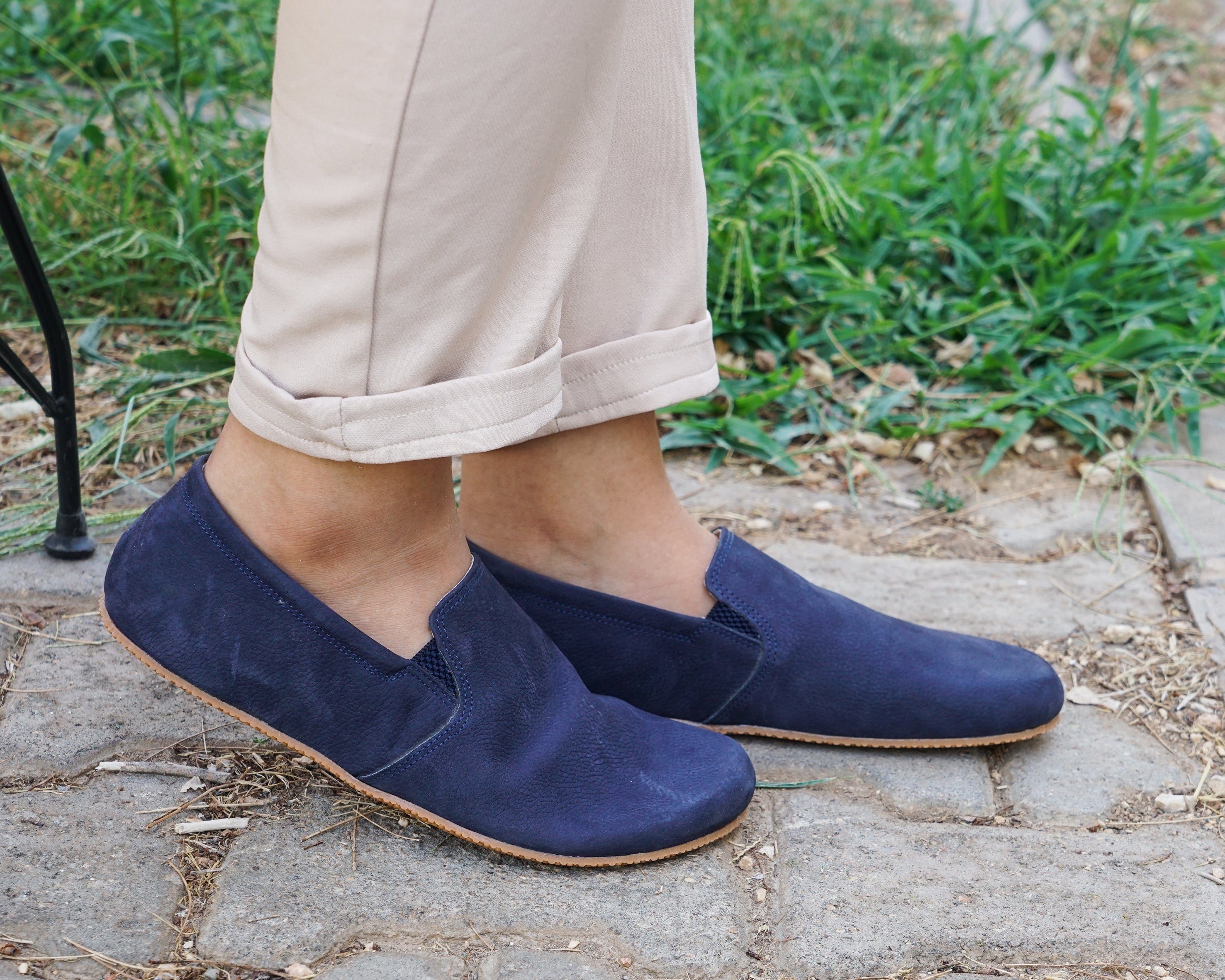 Navy Blue Slip-On Wide Barefoot Shoes Nubuck Leather Handmade 4mm Rubber Outsole 