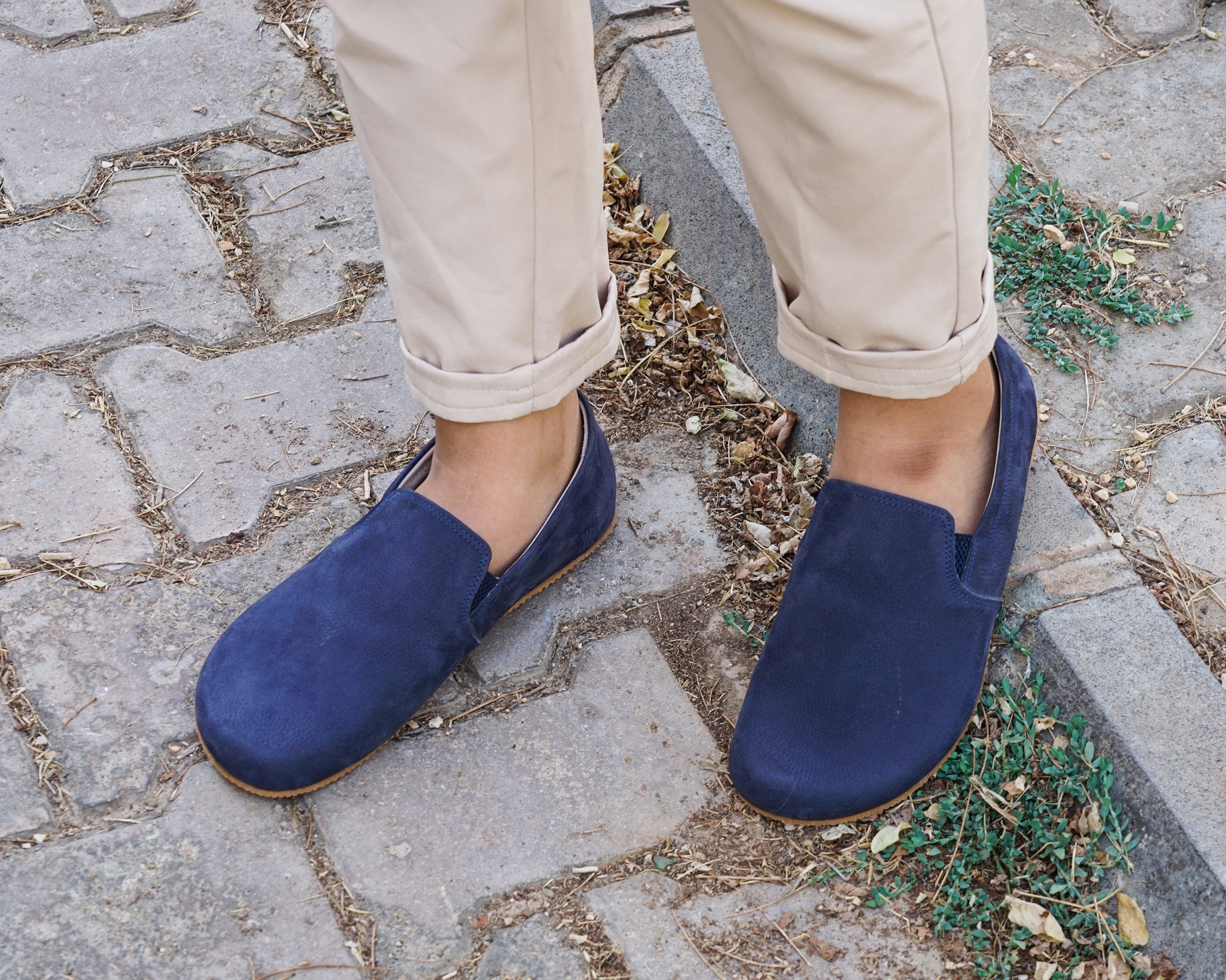 Navy Blue Slip-On Wide Barefoot Shoes Nubuck Leather Handmade 4mm Rubber Outsole 