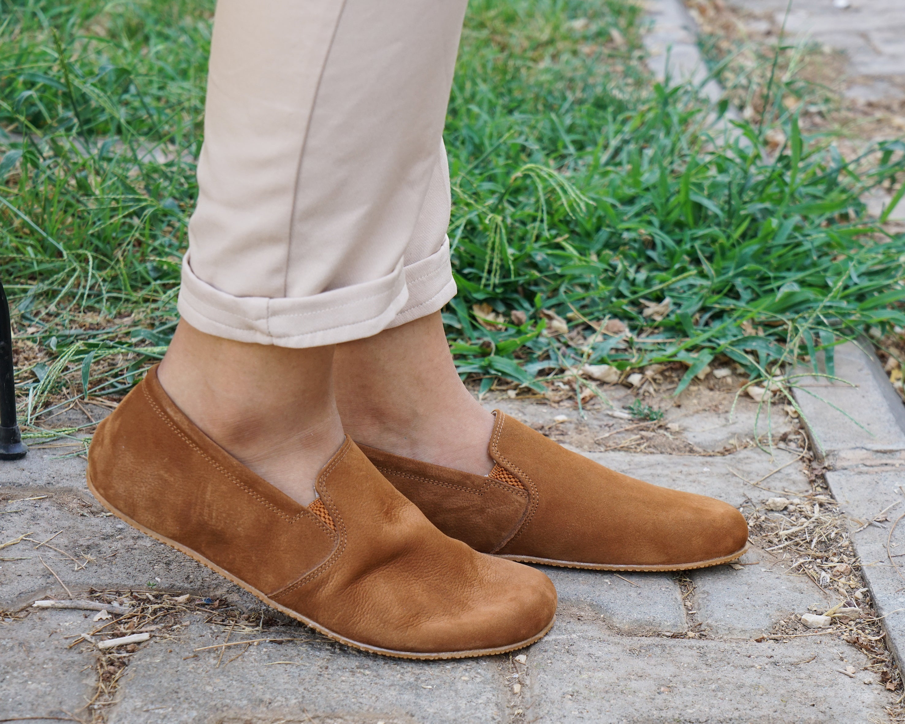 Tan Slip-On Wide Barefoot Shoes Nubuck Leather Handmade 4mm Rubber Outsole