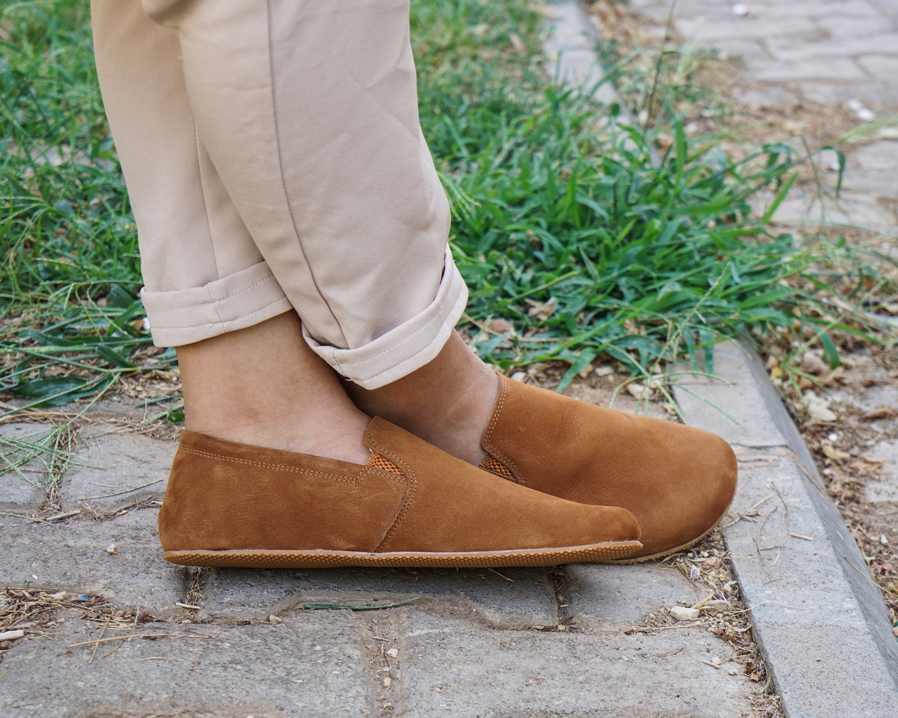 Tan Slip-On Wide Barefoot Shoes Nubuck Leather Handmade 4mm Rubber Outsole 