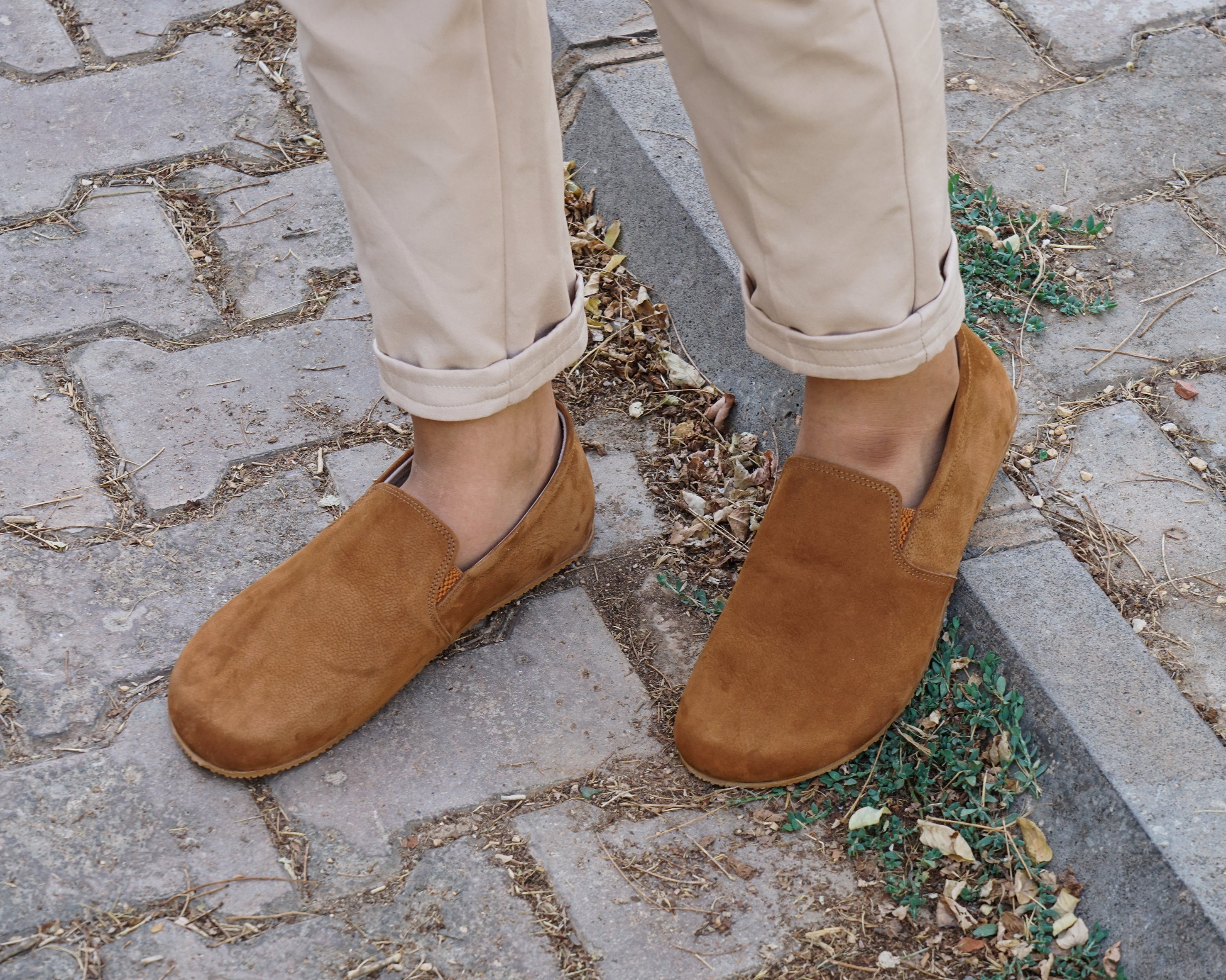 Tan Slip-On Wide Barefoot Shoes Nubuck Leather Handmade 4mm Rubber Outsole 