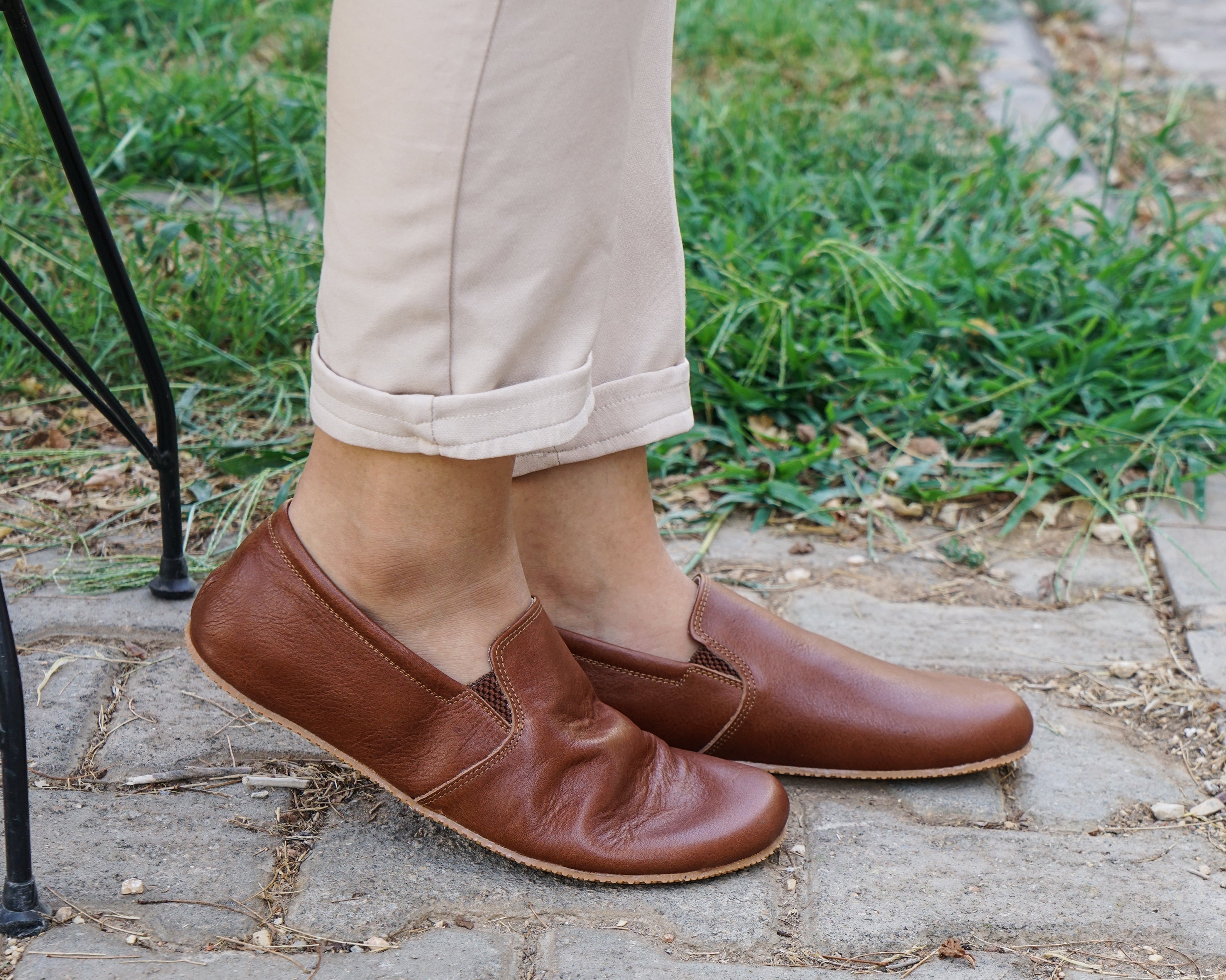 Brown Slip-On Wide Barefoot Shoes Smooth Leather Handmade 4mm Rubber Outsole 