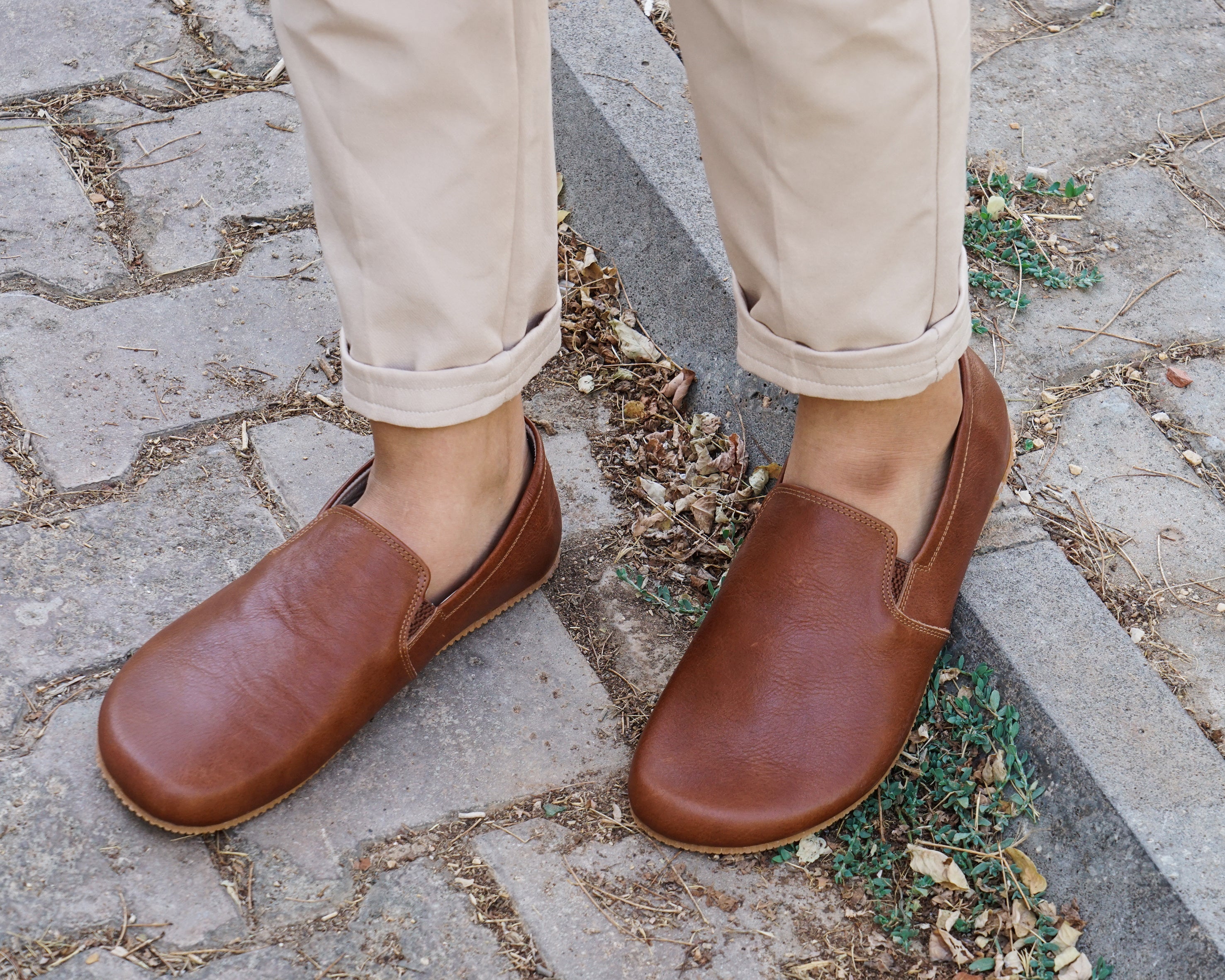 Brown Slip-On Wide Barefoot Shoes Smooth Leather Handmade 4mm Rubber Outsole 