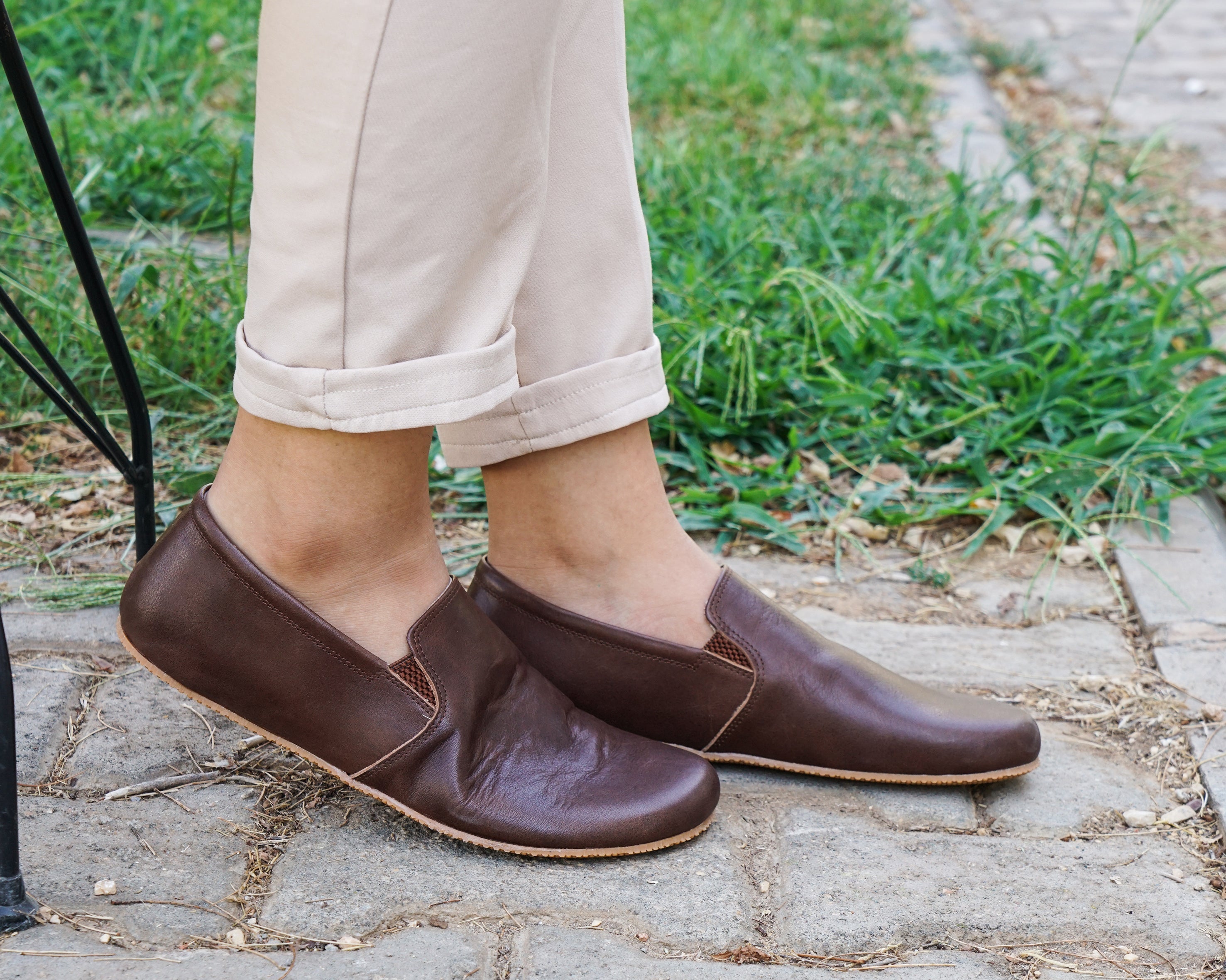 Dark Brown Slip-On Wide Barefoot Shoes Smooth Leather Handmade 4mm Rubber Outsole