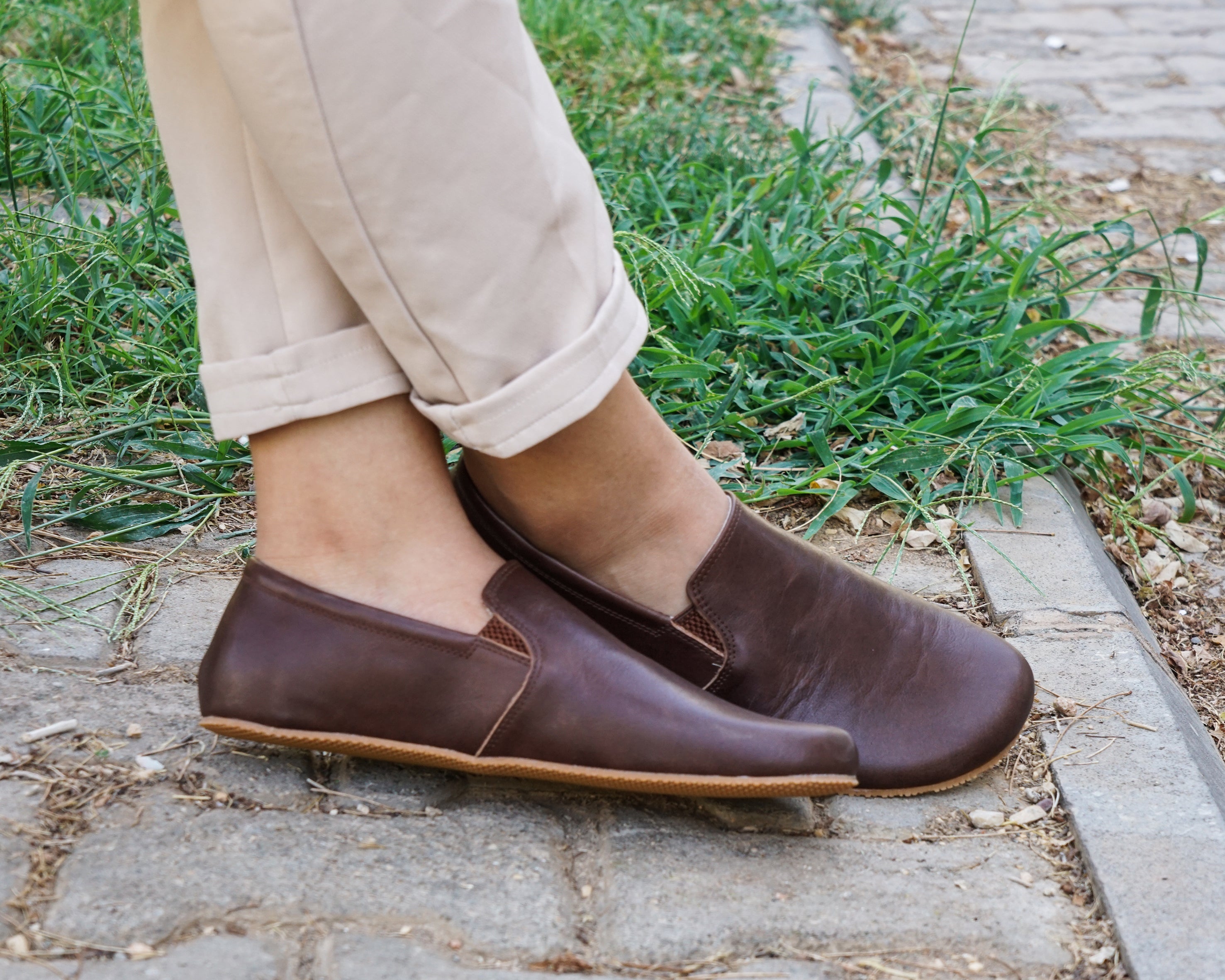 Dark Brown Slip-On Wide Barefoot Shoes Smooth Leather Handmade 4mm Rubber Outsole 