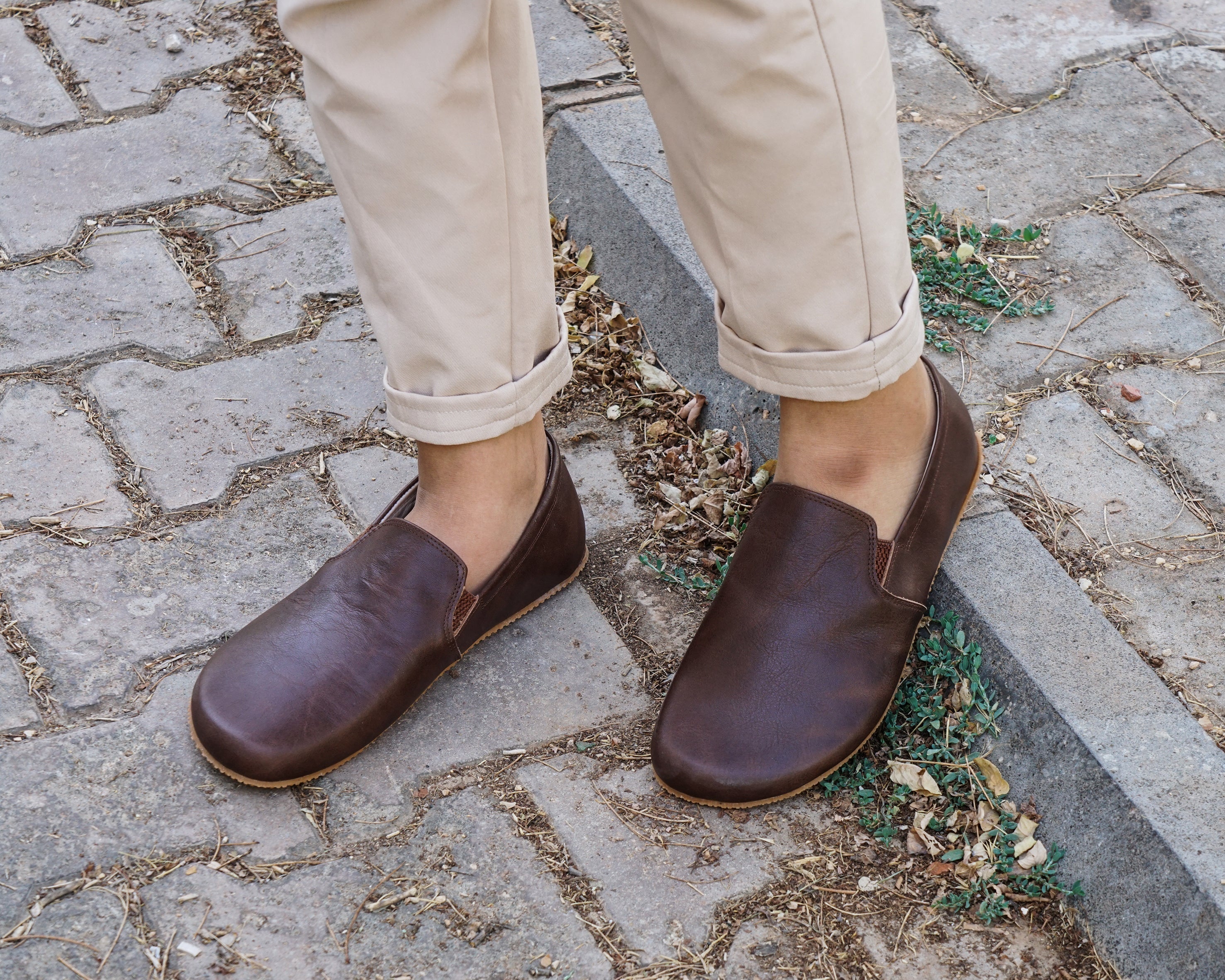 Dark Brown Slip-On Wide Barefoot Shoes Smooth Leather Handmade 4mm Rubber Outsole 