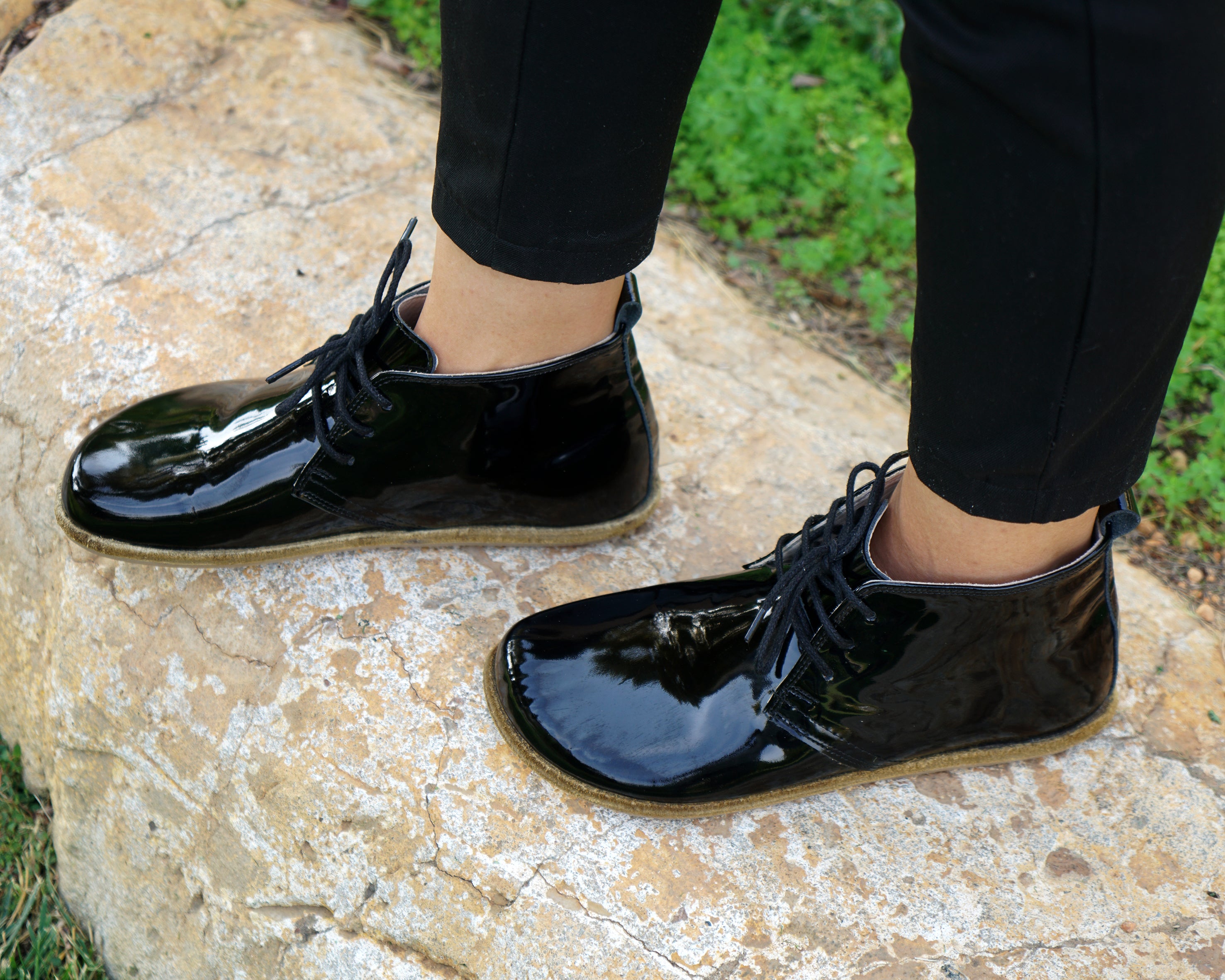 Black Ankle Boots Wide Barefoot Patent Leather Handmade Shoes