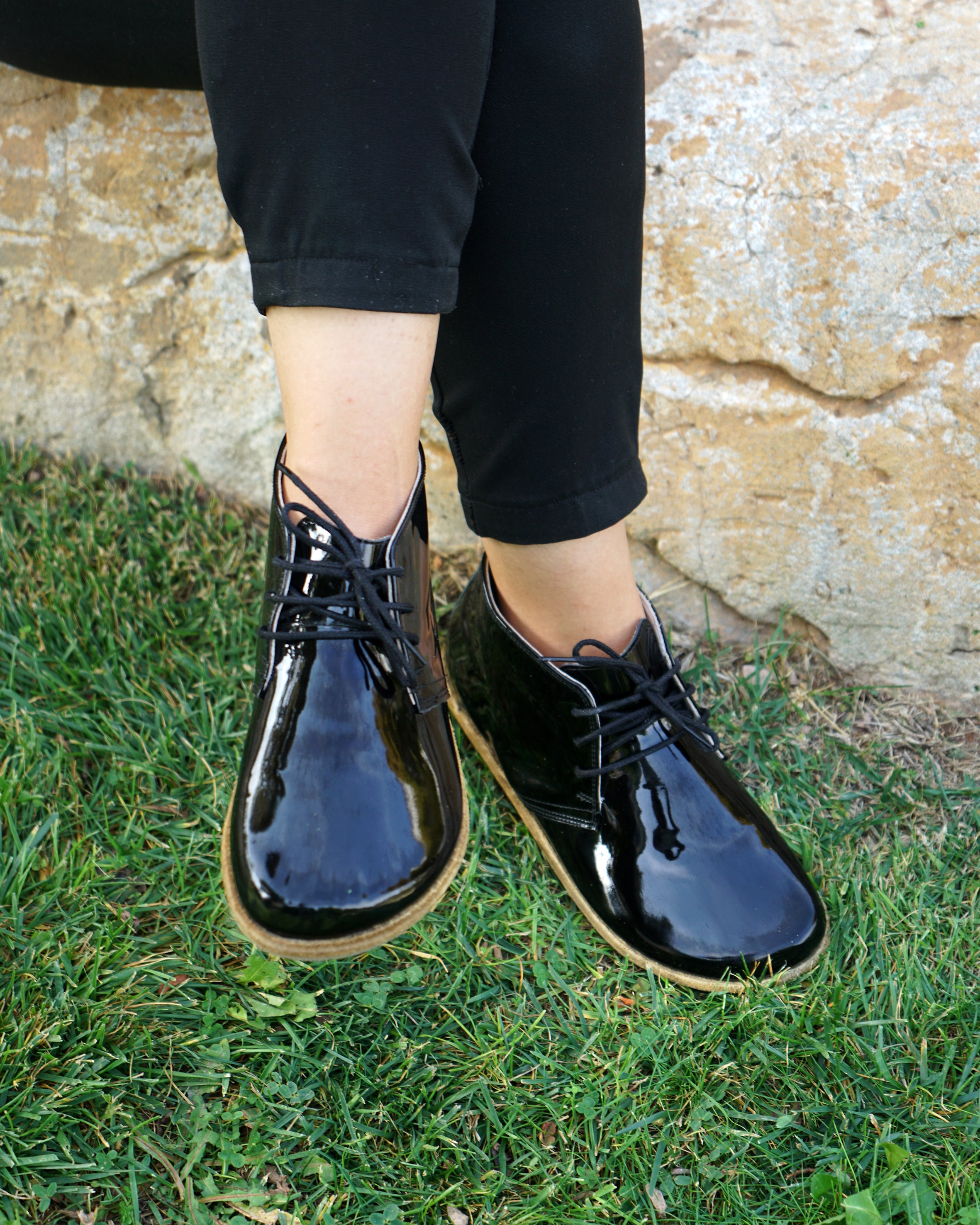 Black Ankle Boots Wide Barefoot Patent Leather Handmade Shoes