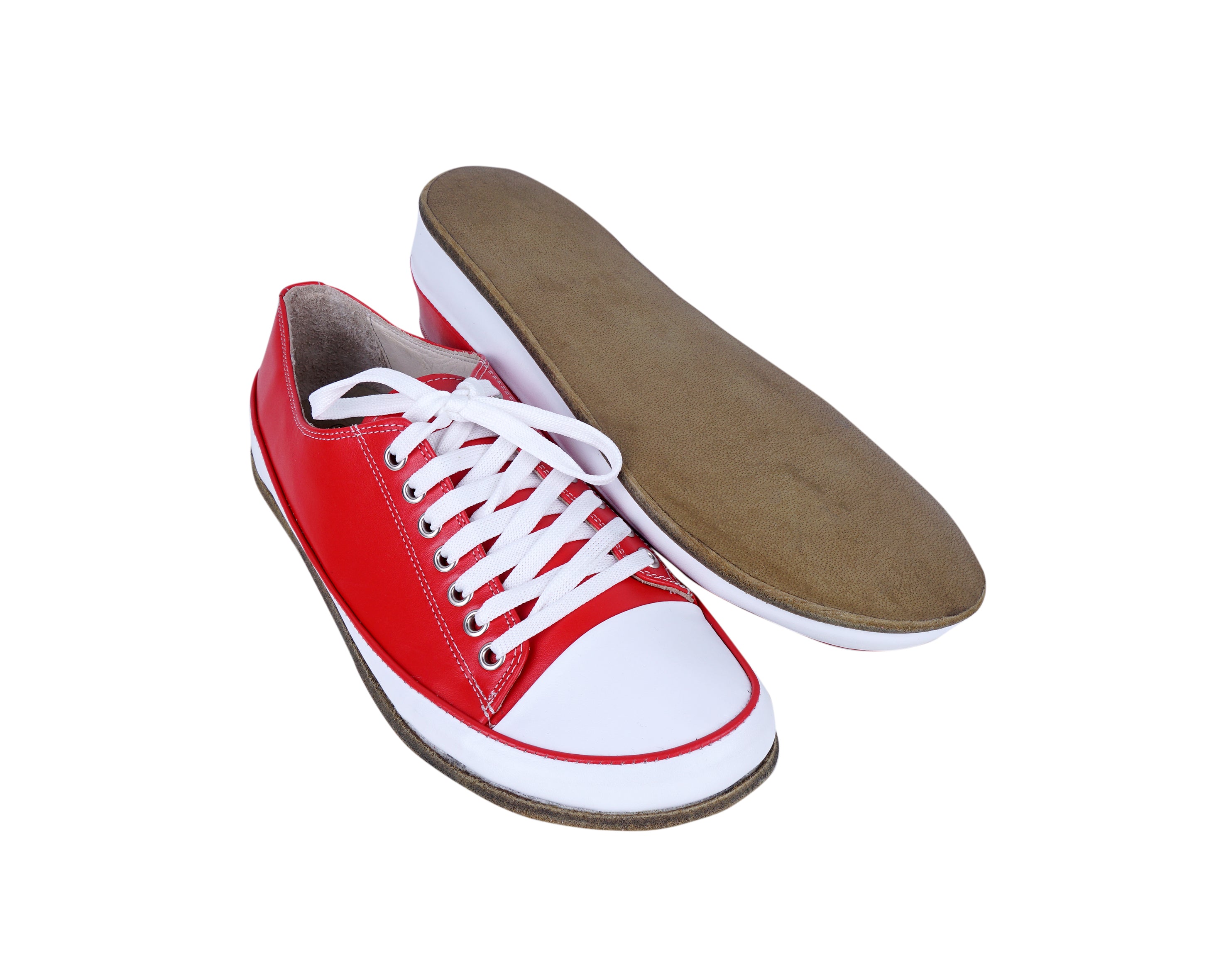 Red Converse Style Wide Barefoot Smooth Leather Handmade Shoes