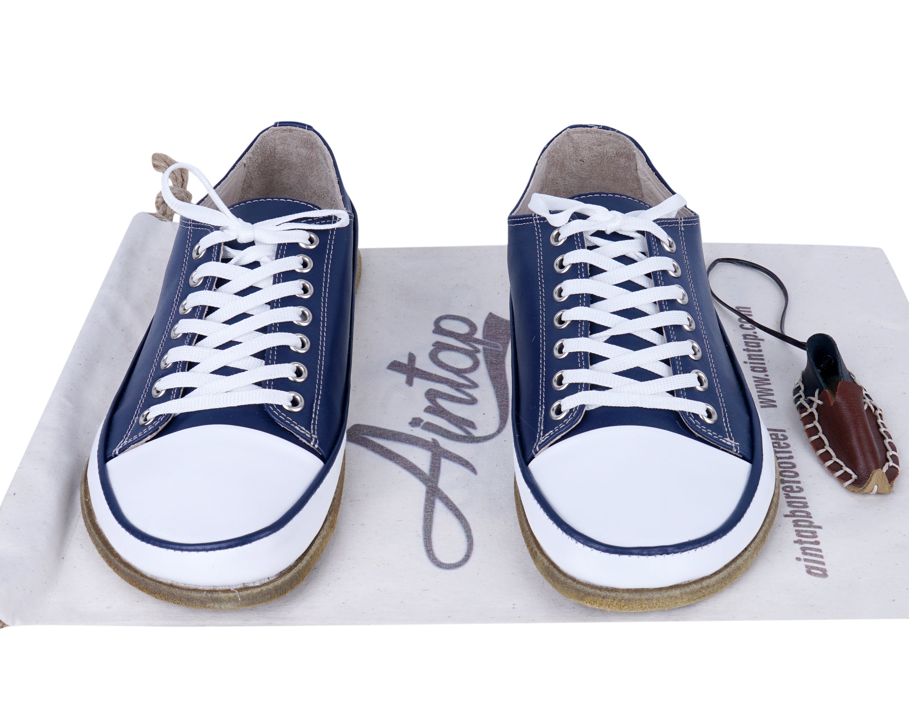 Navy Blue Converse Style Wide Barefoot Smooth Leather Handmade Shoes