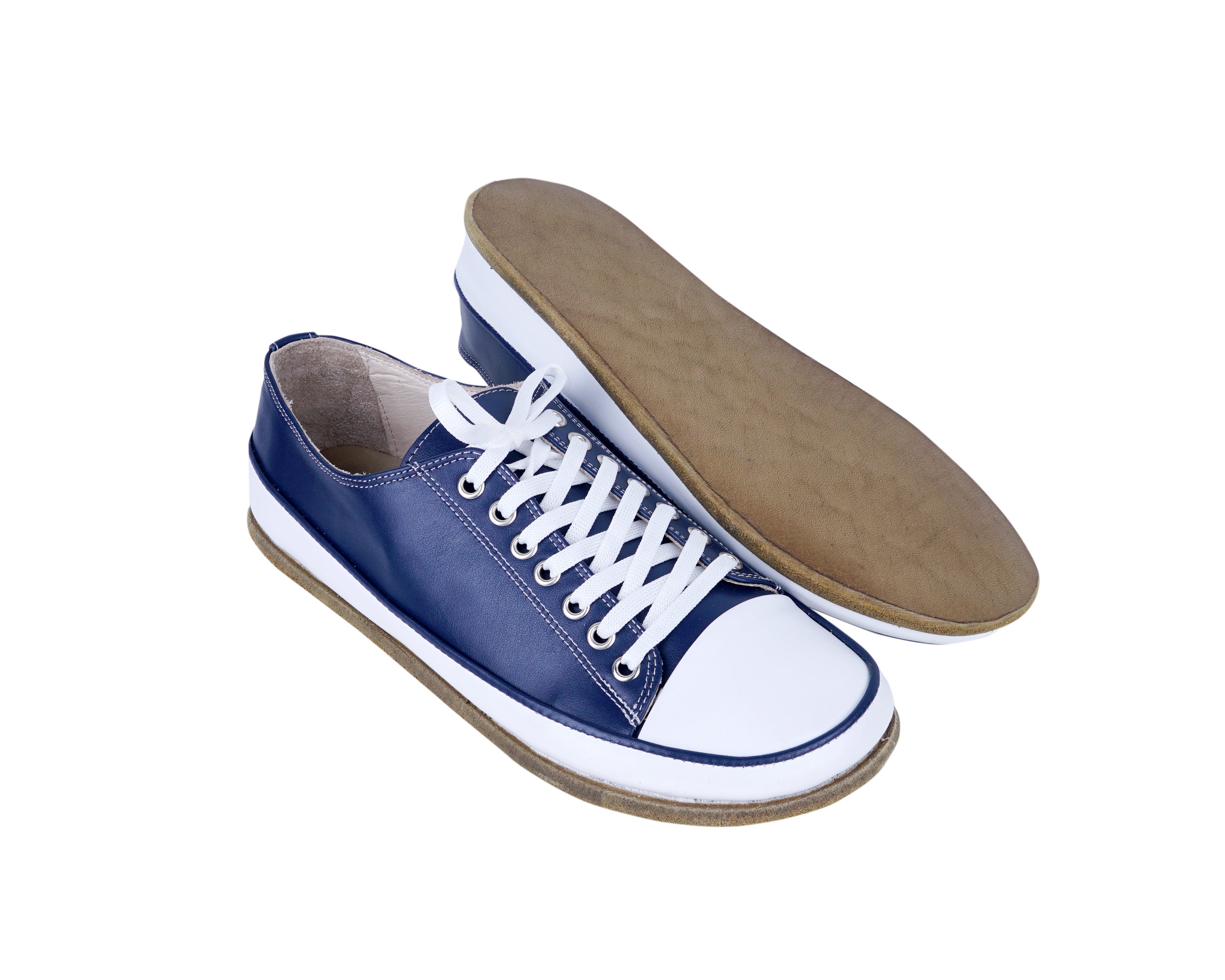 Navy Blue Converse Style Wide Barefoot Smooth Leather Handmade Shoes 