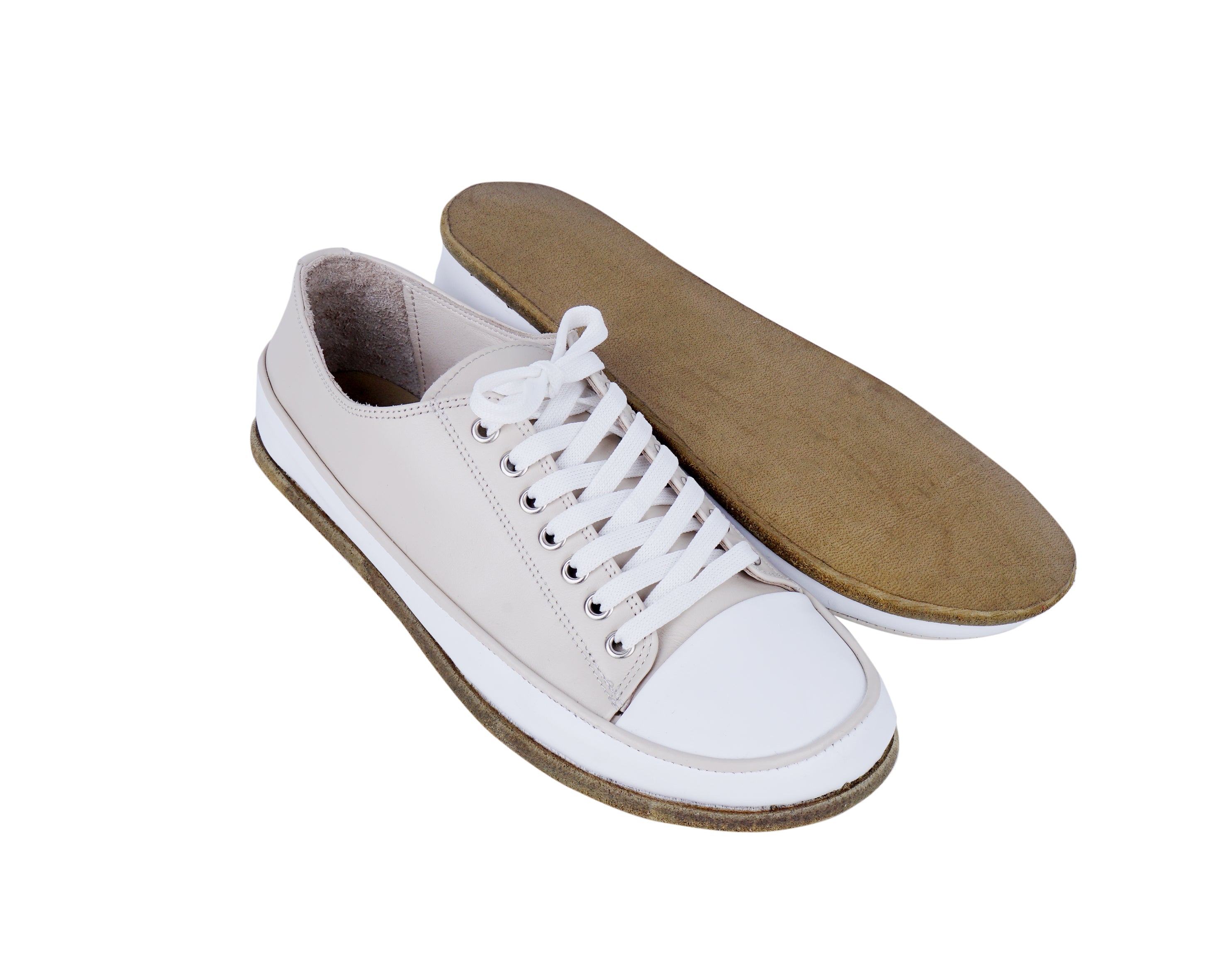 Cream Converse Style Wide Barefoot Smooth Leather Handmade Shoes 
