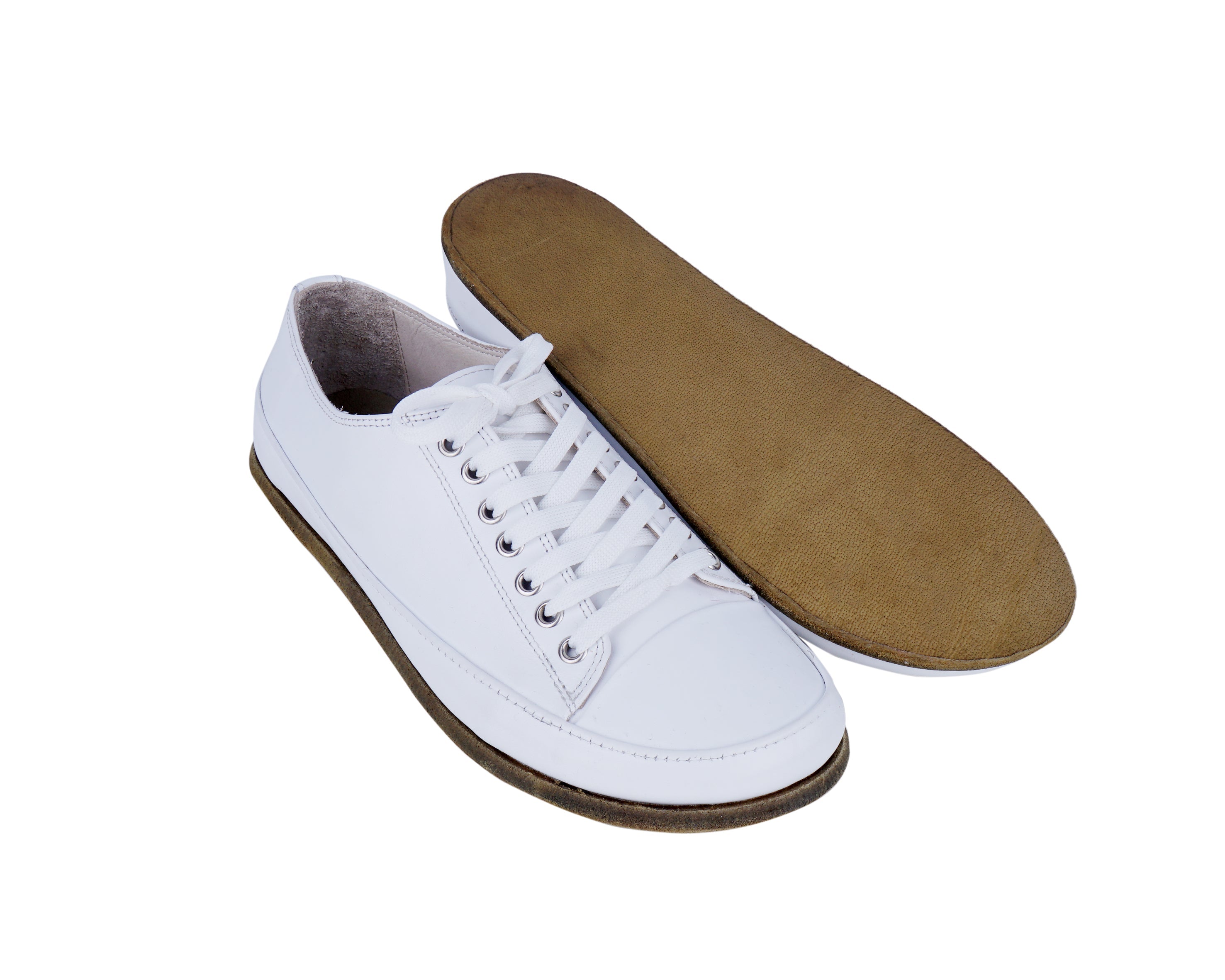 White Converse Style Wide Barefoot Smooth Leather Handmade Shoes 