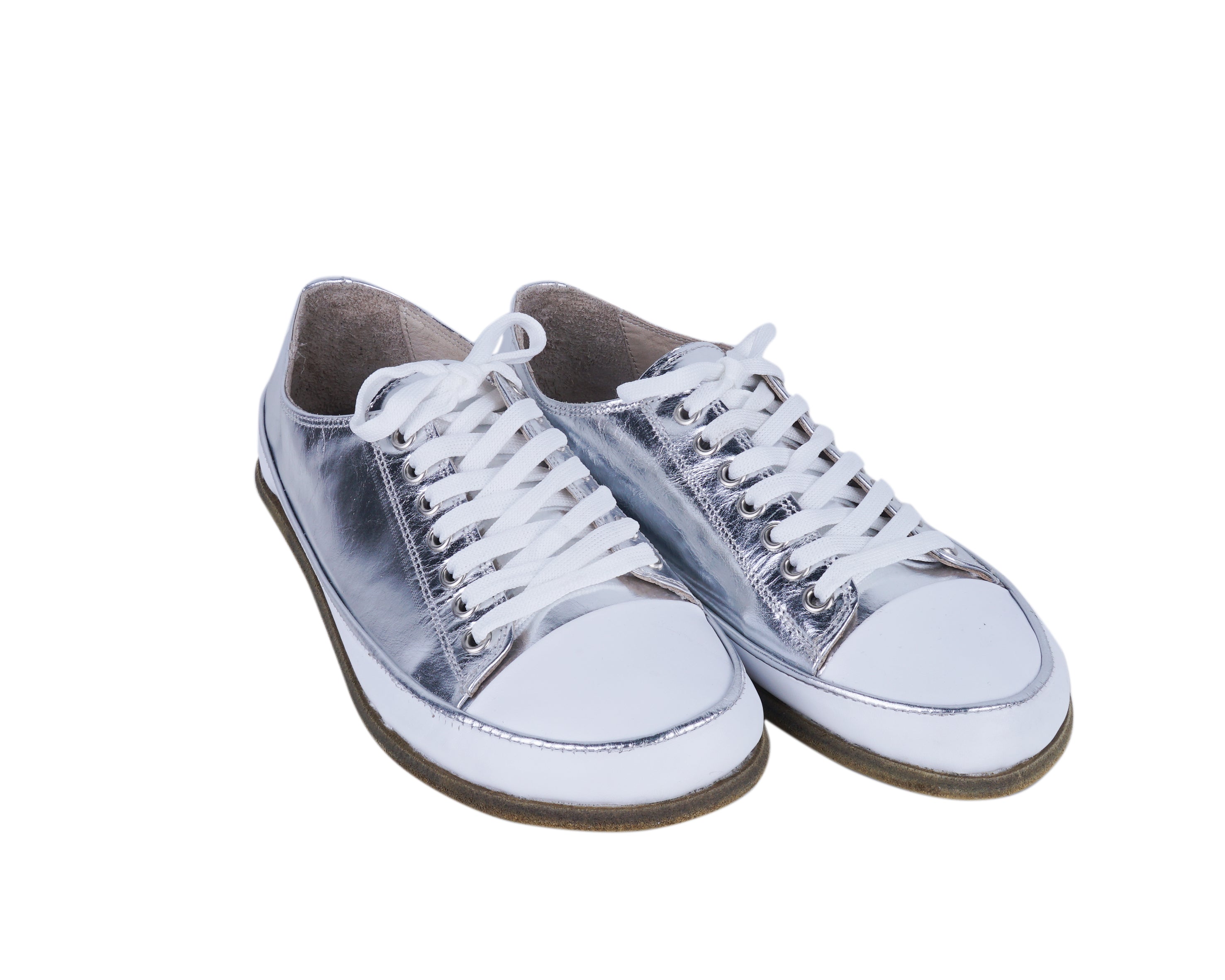 Silver Converse Style Wide Barefoot Smooth Leather Handmade Shoes 