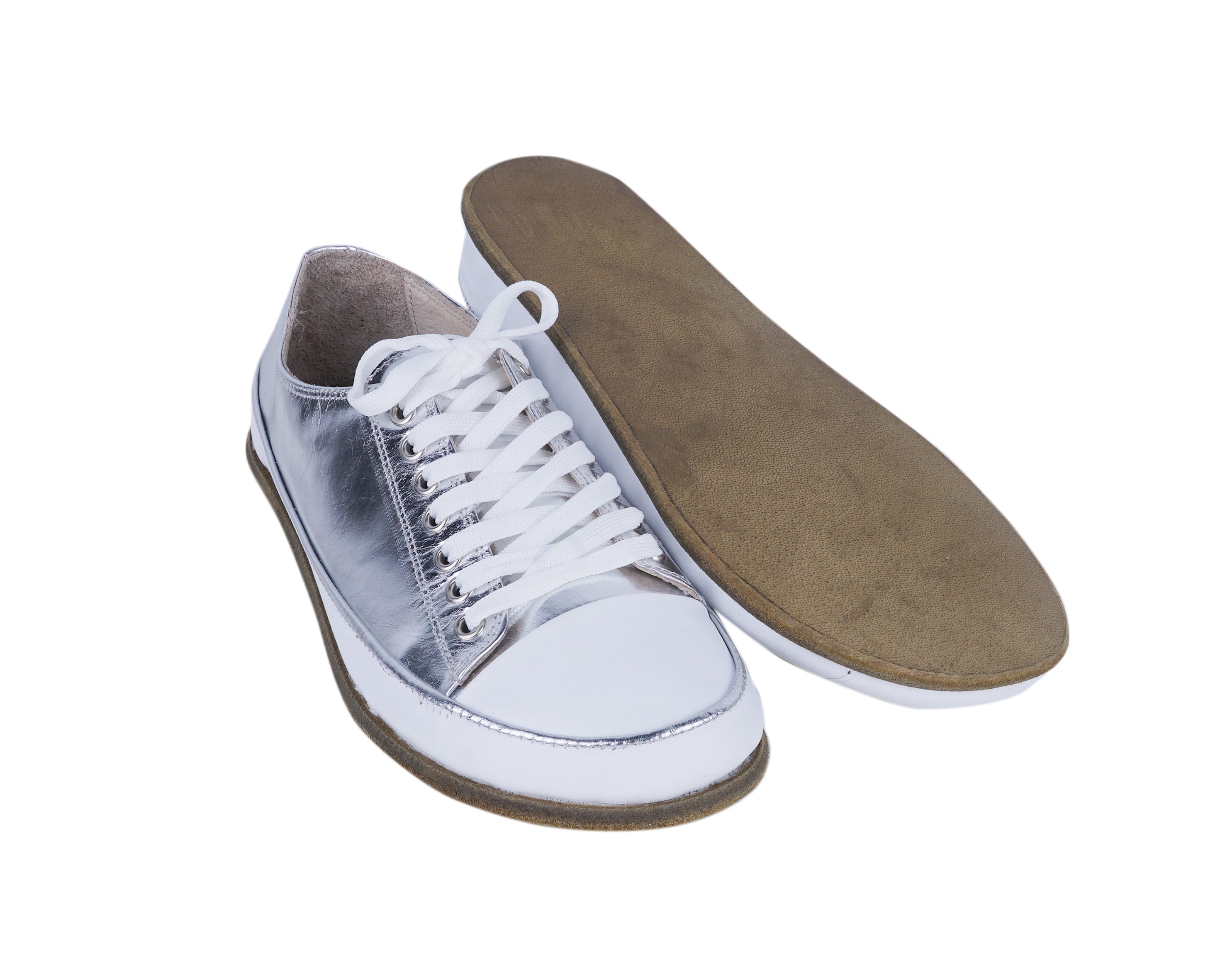 Silver Converse Style Wide Barefoot Smooth Leather Handmade Shoes 