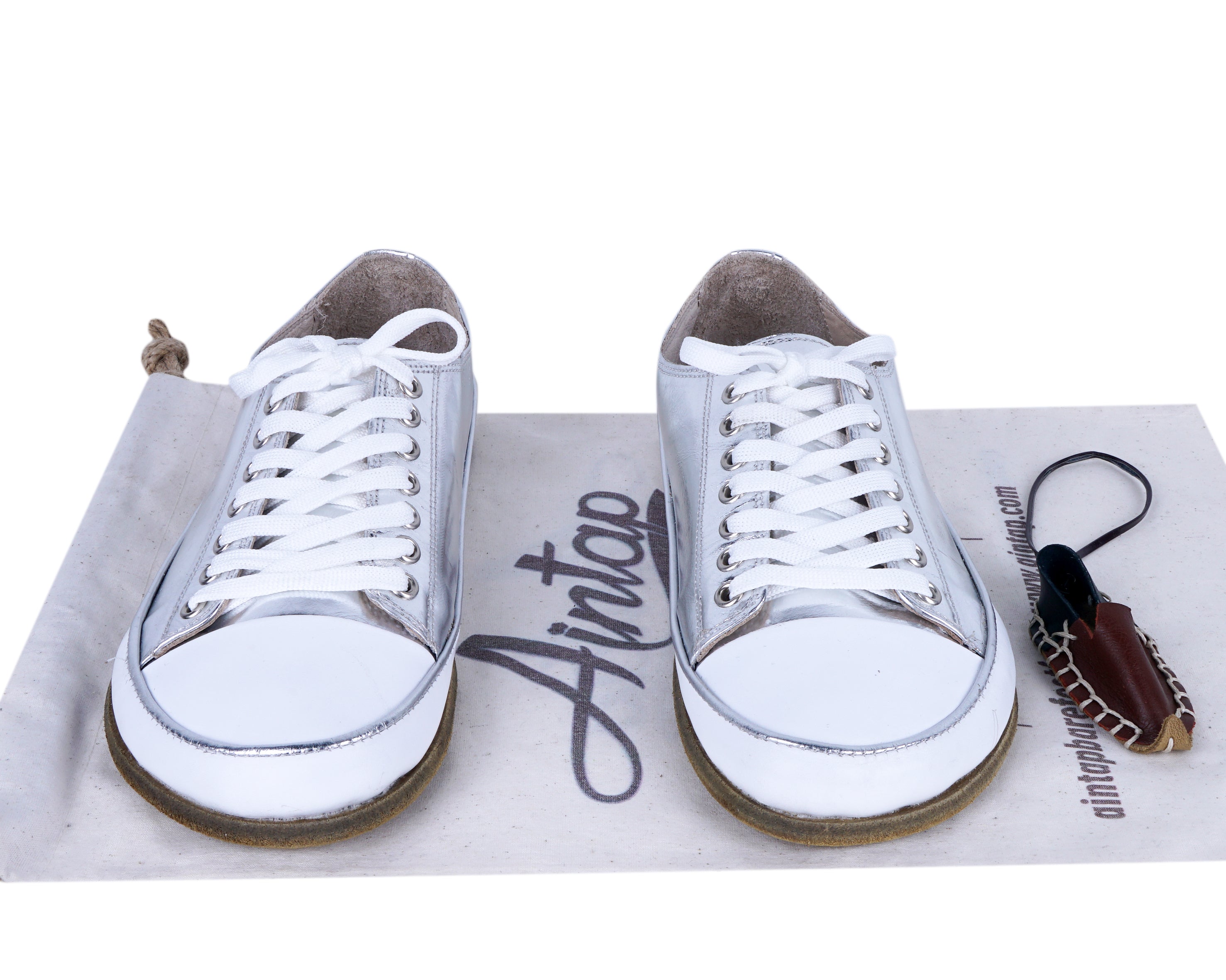 Silver Converse Style Wide Barefoot Smooth Leather Handmade Shoes 